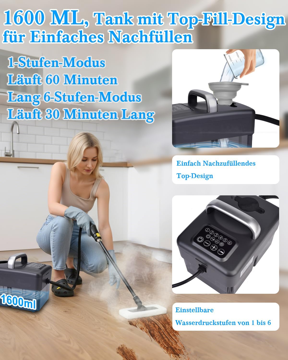 Dampfreiniger Handgerät für Alles - 2500W 6-Stufig Einstellbar, 1,6L Wassertank, 120 °C Dampf, 15s Aufheizzeit, Tragbar mit 10 Zubehörteilen, Dampfreinigung für Boden, Polstermöbel,Fenster,Auto 5 Dampfreiniger Handgerät für Alles - 2500W 6-Stufig Einstellbar, 1,6L Wassertank, 120 °C Dampf, 15s Aufheizzeit, Tragbar mit 10 Zubehörteilen, Dampfreinigung für Boden, Polstermöbel,Fenster,Auto – Bild 5