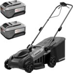 38cm 40V Bürstenloser Akku-Schieber-Rasenmäher- 2x5,0Ah | Inkl. 2x 20V 5,0Ah Akkus & Ladegerät; 370Wh, bis 500m² Reichweite, 2-in-1 Mulchen/Fangen für Rasenpflege.