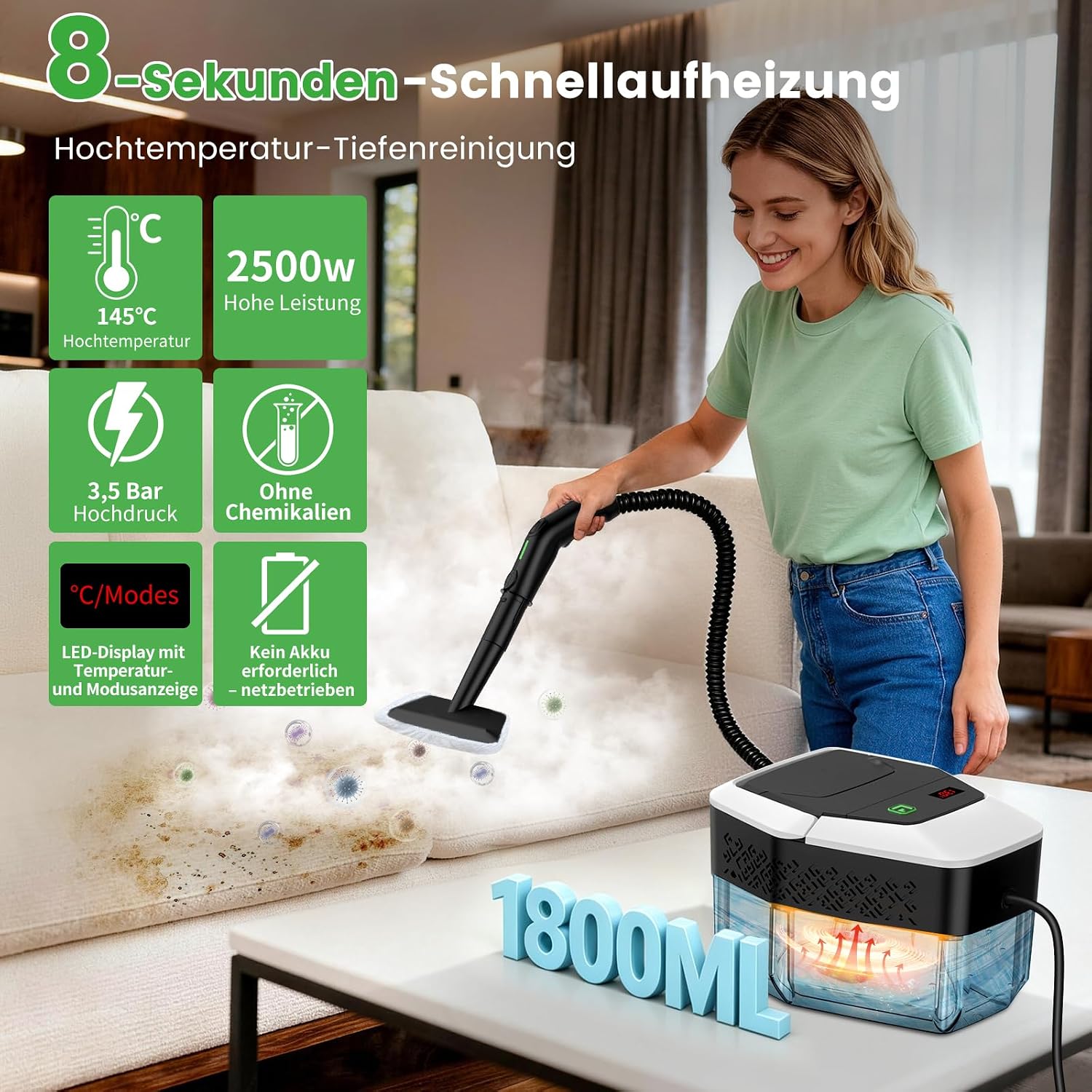 Granarbol 1800ml -2500W Dampfreiniger, 8s Heizung 275°F/145°C Entfernt Fett | Handdampfreiniger Testsieger, Steam Cleaner mit 10PCS Reinigungsset,3.2 Bar/ 3-stufig für Auto Bad Fenster Fliesen Sofa Küche 2 Granarbol 1800ml -2500W Dampfreiniger, 8s Heizung 275°F/145°C Entfernt Fett | Handdampfreiniger Testsieger, Steam Cleaner mit 10PCS Reinigungsset,3.2 Bar/ 3-stufig für Auto Bad Fenster Fliesen Sofa Küche – Bild 2