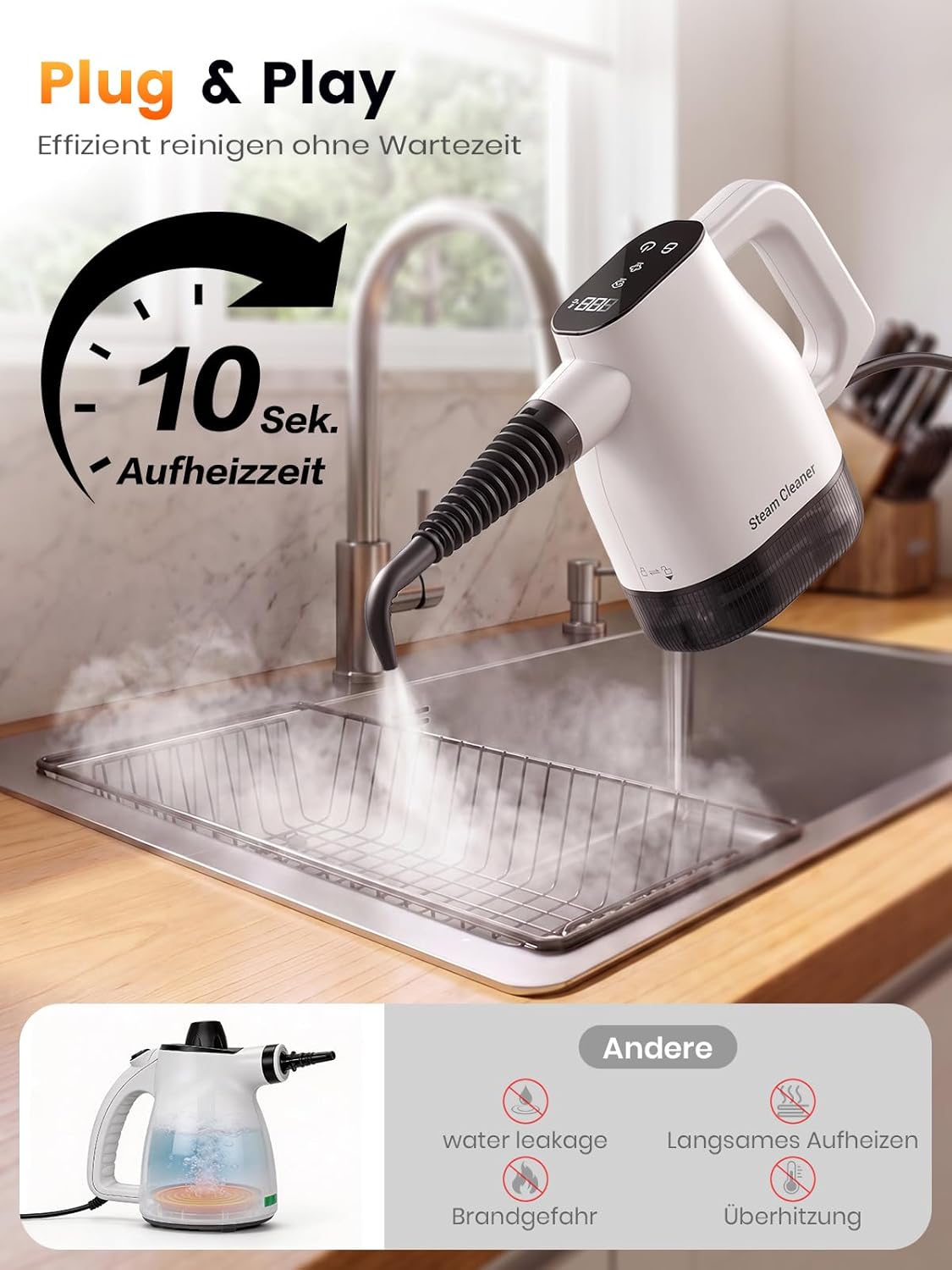 Dampfreiniger mit 10 Sekunden Aufheizzeit, Smart-Touchscreen, Weiß | 400-ml-Wassertank, 3,9 m langes Netzkabel, 2 Dampfstufen und 9-teiliges Zubehör – Handdampfreiniger für Küche, Bad und Fugen 2 Dampfreiniger mit 10 Sekunden Aufheizzeit, Smart-Touchscreen, Weiß | 400-ml-Wassertank, 3,9 m langes Netzkabel, 2 Dampfstufen und 9-teiliges Zubehör – Handdampfreiniger für Küche, Bad und Fugen – Bild 2