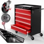 TIMBERTECH® Werkstattwagen auf Rollen - leer, 5 Schubladen mit Einlagen, abschließbar, Feststellbremse, Stahl, Rot-Schwarz - Werkzeugwagen, Montagewagen, Rollwagen für Werkstatt, Zubehör