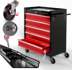 TIMBERTECH® Werkstattwagen auf Rollen - leer, 5 Schubladen mit Einlagen, abschließbar, Feststellbremse, Stahl, Rot-Schwarz - Werkzeugwagen, Montagewagen, Rollwagen für Werkstatt, Zubehör