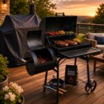 30 Kg Smoker Grill mit Abdeckhaube XL BBQ Smoker GRILLWAGEN Holzkohle Grillkamin Standgrill Räucherofen Zubehör Holzkohlegrill Schwarz Räuchergrill mit Thermometer & Rädern Deckelthermometer
