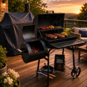 30 Kg Smoker Grill mit Abdeckhaube XL BBQ Smoker GRILLWAGEN Holzkohle Grillkamin Standgrill Räucherofen Zubehör Holzkohlegrill Schwarz Räuchergrill mit Thermometer & Rädern Deckelthermometer