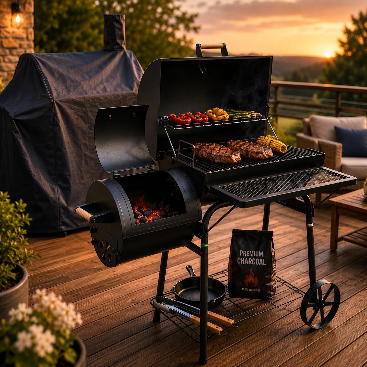 30 Kg Smoker Grill mit Abdeckhaube XL BBQ Smoker GRILLWAGEN Holzkohle Grillkamin Standgrill Räucherofen Zubehör Holzkohlegrill Schwarz Räuchergrill mit Thermometer & Rädern Deckelthermometer 1 30 Kg Smoker Grill mit Abdeckhaube XL BBQ Smoker GRILLWAGEN Holzkohle Grillkamin Standgrill Räucherofen Zubehör Holzkohlegrill Schwarz Räuchergrill mit Thermometer & Rädern Deckelthermometer