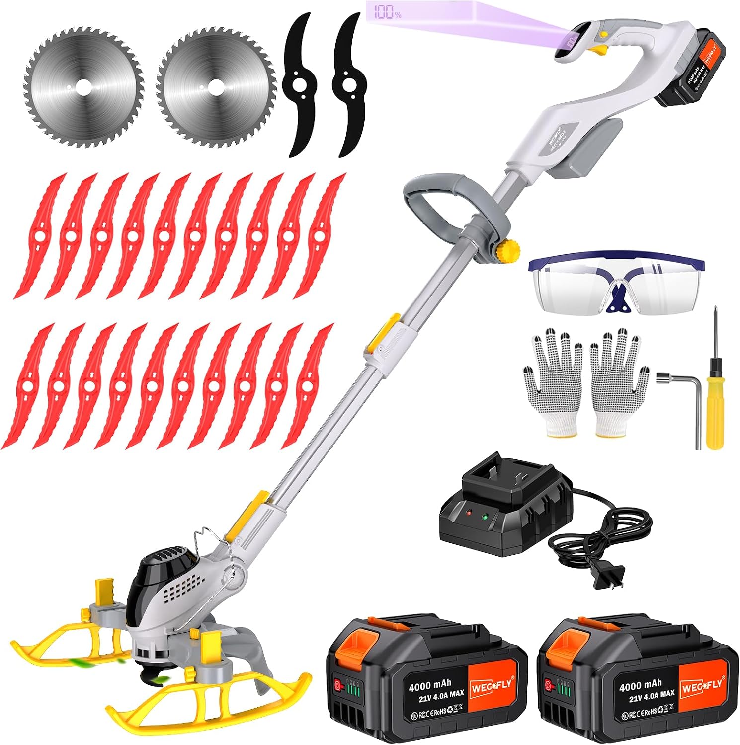 28CM Akku-Rasentrimmer, (2 x 21V 4.0A Akku und schnelles Ladegerät, Hilfsgleitrad, Trimmrad, Teleslopstiel, 2X Sägeblätter, 2X Metallmesser, 20x Kunststoffmesser) freischneider akku 1 28CM Akku-Rasentrimmer, (2 x 21V 4.0A Akku und schnelles Ladegerät, Hilfsgleitrad, Trimmrad, Teleslopstiel, 2X Sägeblätter, 2X Metallmesser, 20x Kunststoffmesser) freischneider akku