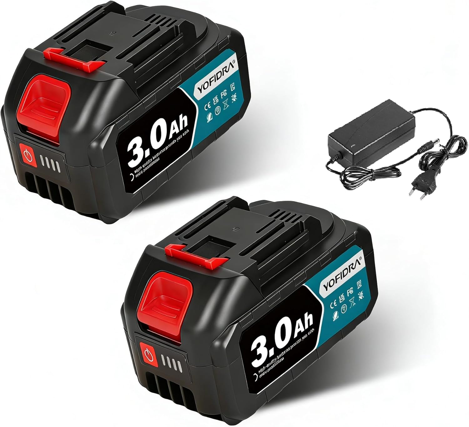 Yofidra 20 V 2 x 3,0 Ah Akkus mit LED-Anzeige und Schnellladegerät, kompatibel mit Elektrowerkzeugen, rot/schwarzes Gehäuse 1 Yofidra 20 V 2 x 3,0 Ah Akkus mit LED-Anzeige und Schnellladegerät, kompatibel mit Elektrowerkzeugen, rot/schwarzes Gehäuse