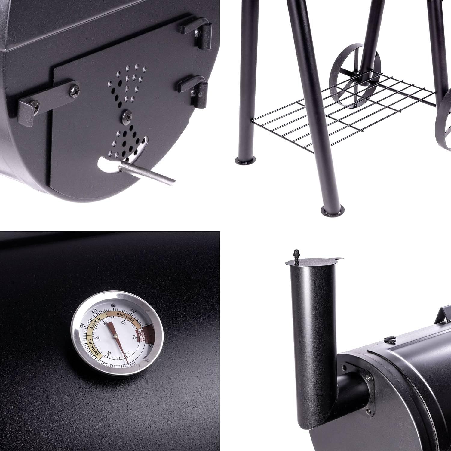 BBQ Grill Smoker schwarz Grillwagen 2 Kammern Barbecue inkl. Abdeckung | 125x60x120 cm 28 kg Transporträder Thermostat Schutzplane 5 BBQ Grill Smoker schwarz Grillwagen 2 Kammern Barbecue inkl. Abdeckung | 125x60x120 cm 28 kg Transporträder Thermostat Schutzplane – Bild 5