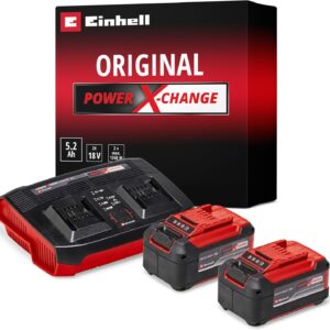 Einhell Original Starter Kit PXC 2X 5,2 Ah & Twincharger 3A | 18 V | 1260 W | 2 Akkus + 3 A Twincharger | 100 min Ladezeit | PXC | Li-Ion | Lademanagement | LED-Anzeige