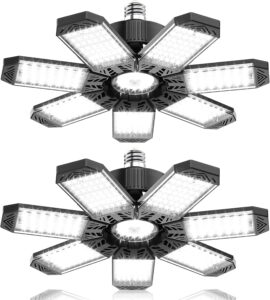 200W Garagenlampe LED Werkstatt Deckenleuchte 20000LM, 2 Stück | Werkstattlampe 6500K Kaltweiß Mit 7 Verstellbarem Paneelen, Garagenbeleuchtung E26 E27 für Keller Lager Parkplätze Scheune