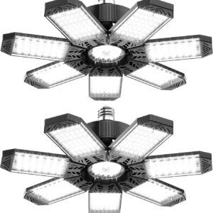 200W Garagenlampe LED Werkstatt Deckenleuchte 20000LM, 2 Stück | Werkstattlampe 6500K Kaltweiß Mit 7 Verstellbarem Paneelen, Garagenbeleuchtung E26 E27 für Keller Lager Parkplätze Scheune
