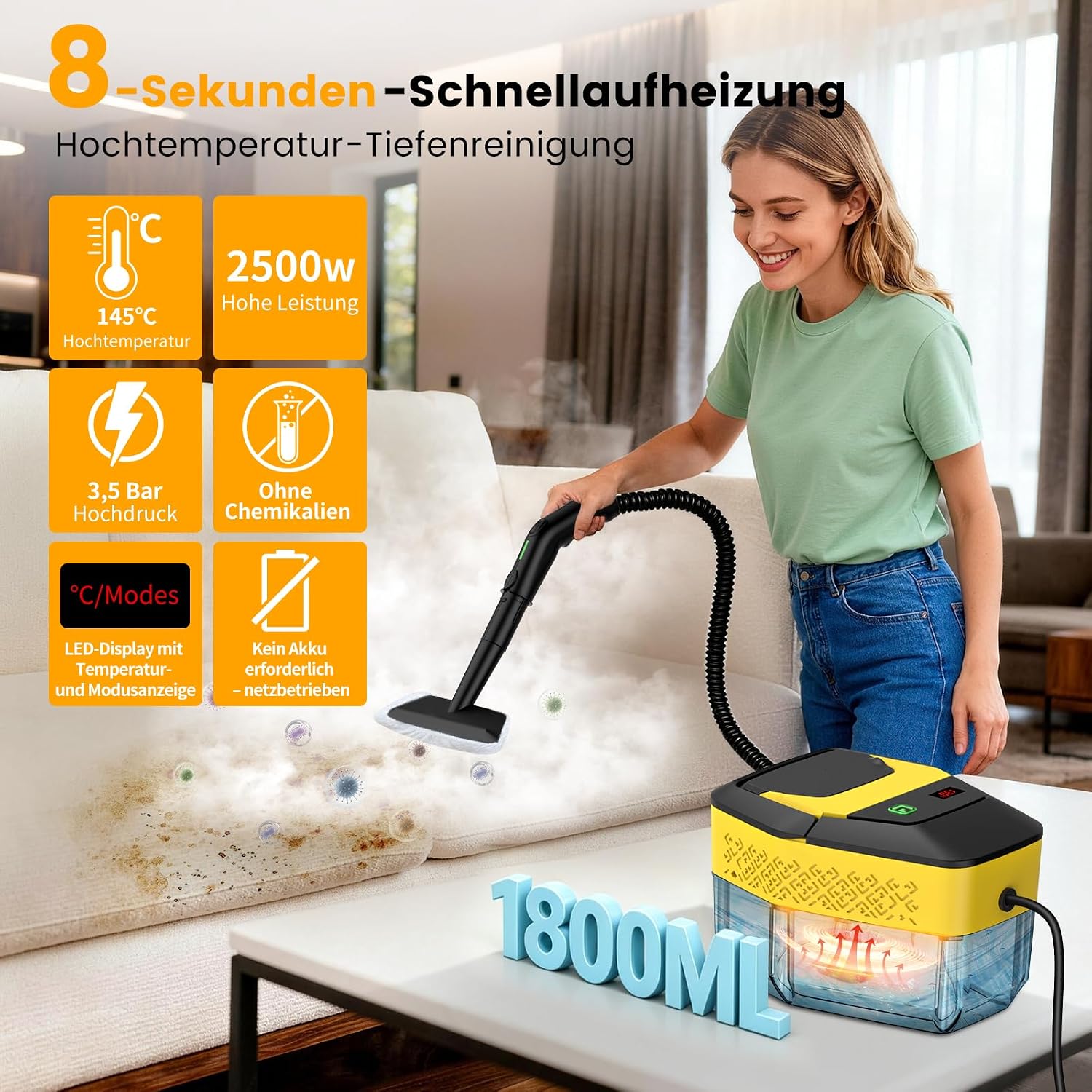 Granarbol 1800ml-2500W Dampfreiniger, 8s Heizung 275°F/145°C Entfernt Fett | Handdampfreiniger Testsieger, Steam Cleaner mit 10PCS Reinigungsset,3.2 Bar/ 3-stufig für Auto Bad Fenster Fliesen Sofa Küche 2 Granarbol 1800ml-2500W Dampfreiniger, 8s Heizung 275°F/145°C Entfernt Fett | Handdampfreiniger Testsieger, Steam Cleaner mit 10PCS Reinigungsset,3.2 Bar/ 3-stufig für Auto Bad Fenster Fliesen Sofa Küche – Bild 2