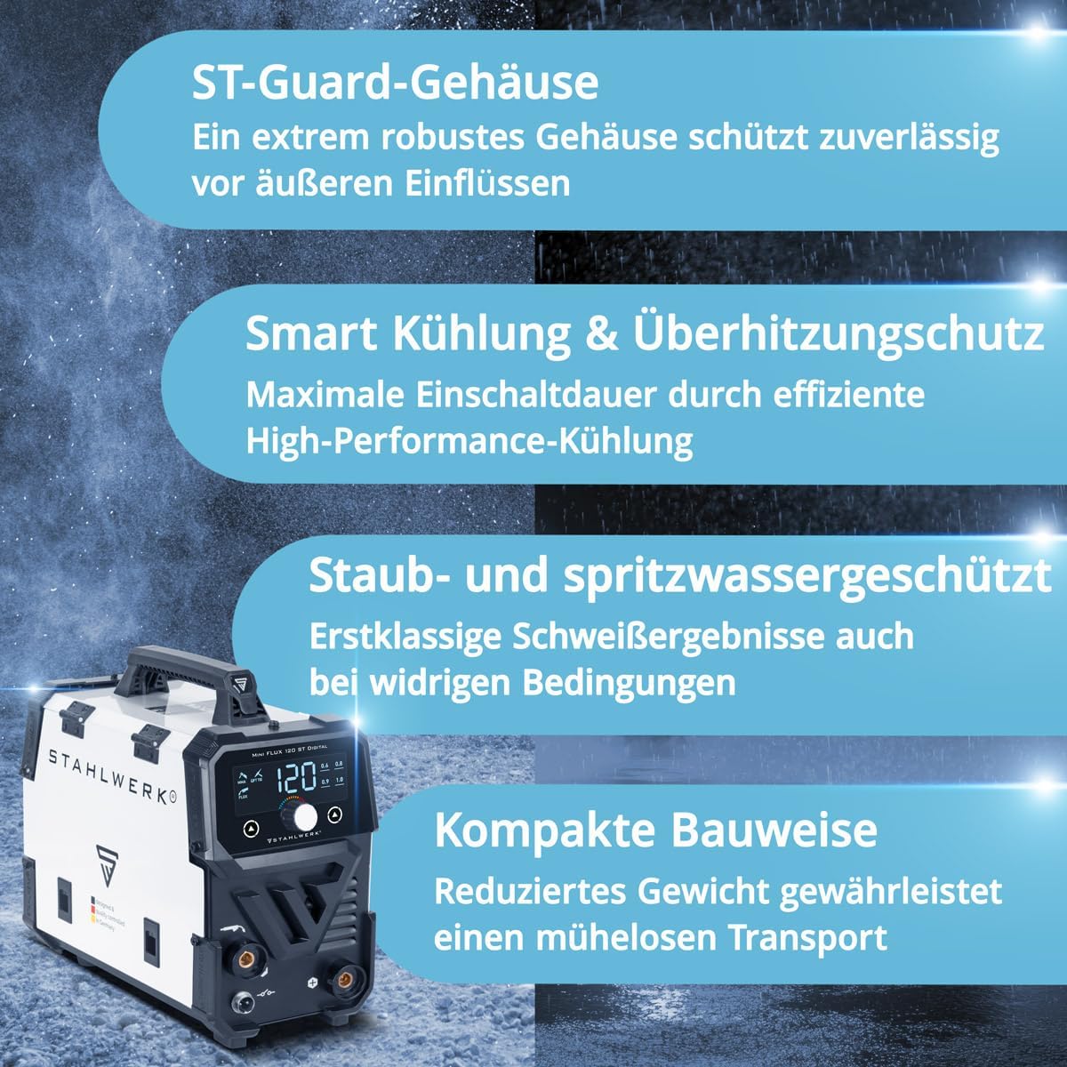 STAHLWERK Schweißgerät Mini FLUX 120 ST Digital – Schweißen ohne Schutzgas | Mit Fülldraht bis 120 A, kompakt mit synergischem Drahtvorschub und LED-Licht, Lift-TIG- und MMA-Funktion (E-Hand/ARC) 5 STAHLWERK Schweißgerät Mini FLUX 120 ST Digital – Schweißen ohne Schutzgas | Mit Fülldraht bis 120 A, kompakt mit synergischem Drahtvorschub und LED-Licht, Lift-TIG- und MMA-Funktion (E-Hand/ARC) – Bild 5