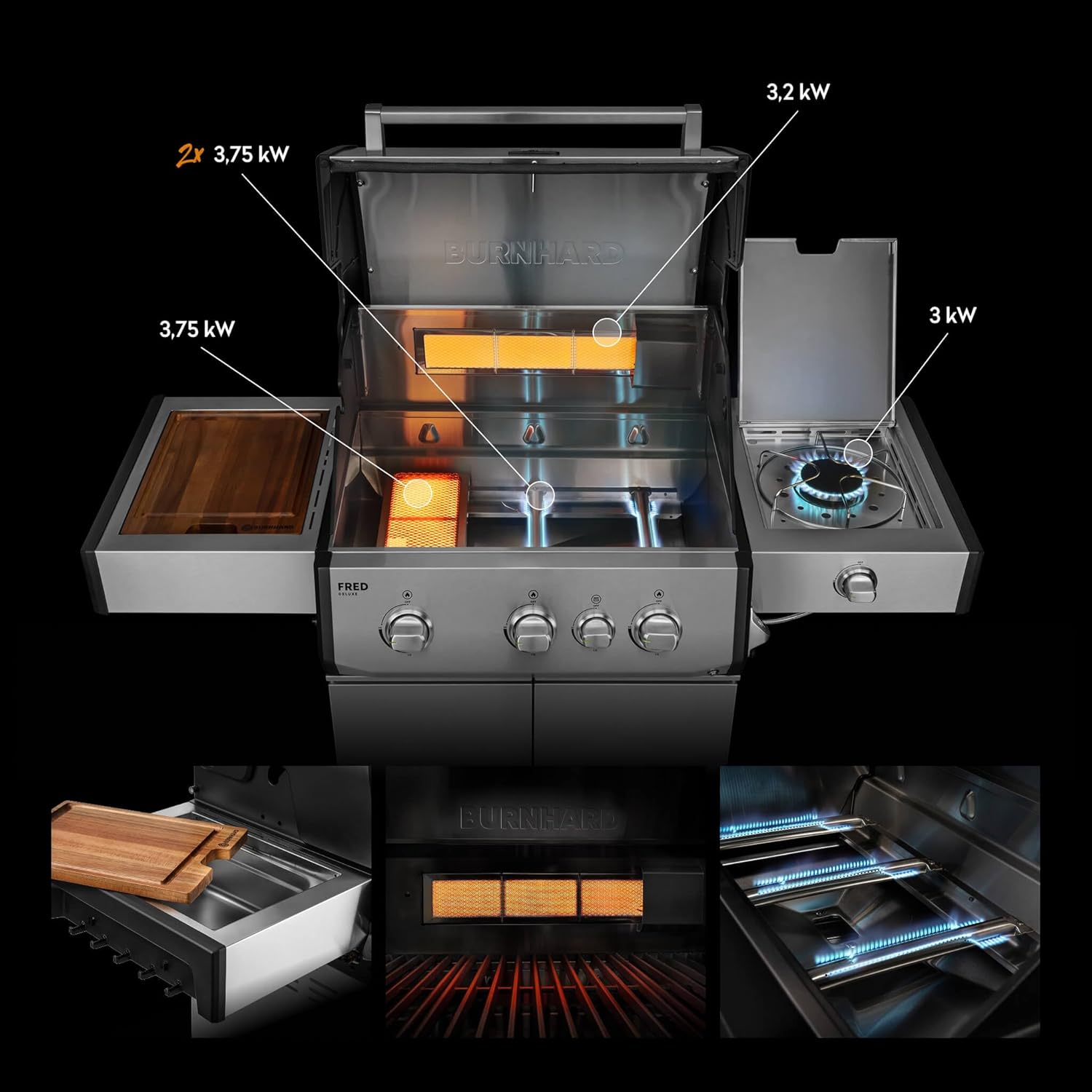 BURNHARD® FRED Deluxe Gasgrill 3-Brenner, Gusseisenrost, Edelstahl 2 BURNHARD® FRED Deluxe Gasgrill 3-Brenner, Gusseisenrost, Edelstahl – Bild 2