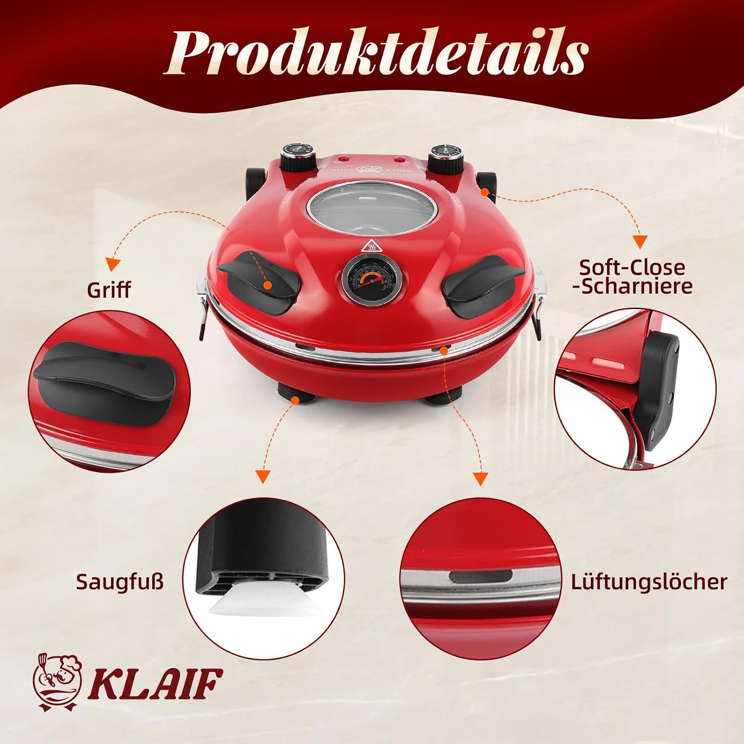 KLAIF Elektrischer Pizzaofen, LM-Rot | separat regelbare Ober- und Unterhitze, 31 cm Keramik-Pizzastein, Kompakter Pizzaofen für Zuhause, 1200 W, 420 °C 4 KLAIF Elektrischer Pizzaofen, LM-Rot | separat regelbare Ober- und Unterhitze, 31 cm Keramik-Pizzastein, Kompakter Pizzaofen für Zuhause, 1200 W, 420 °C – Bild 4