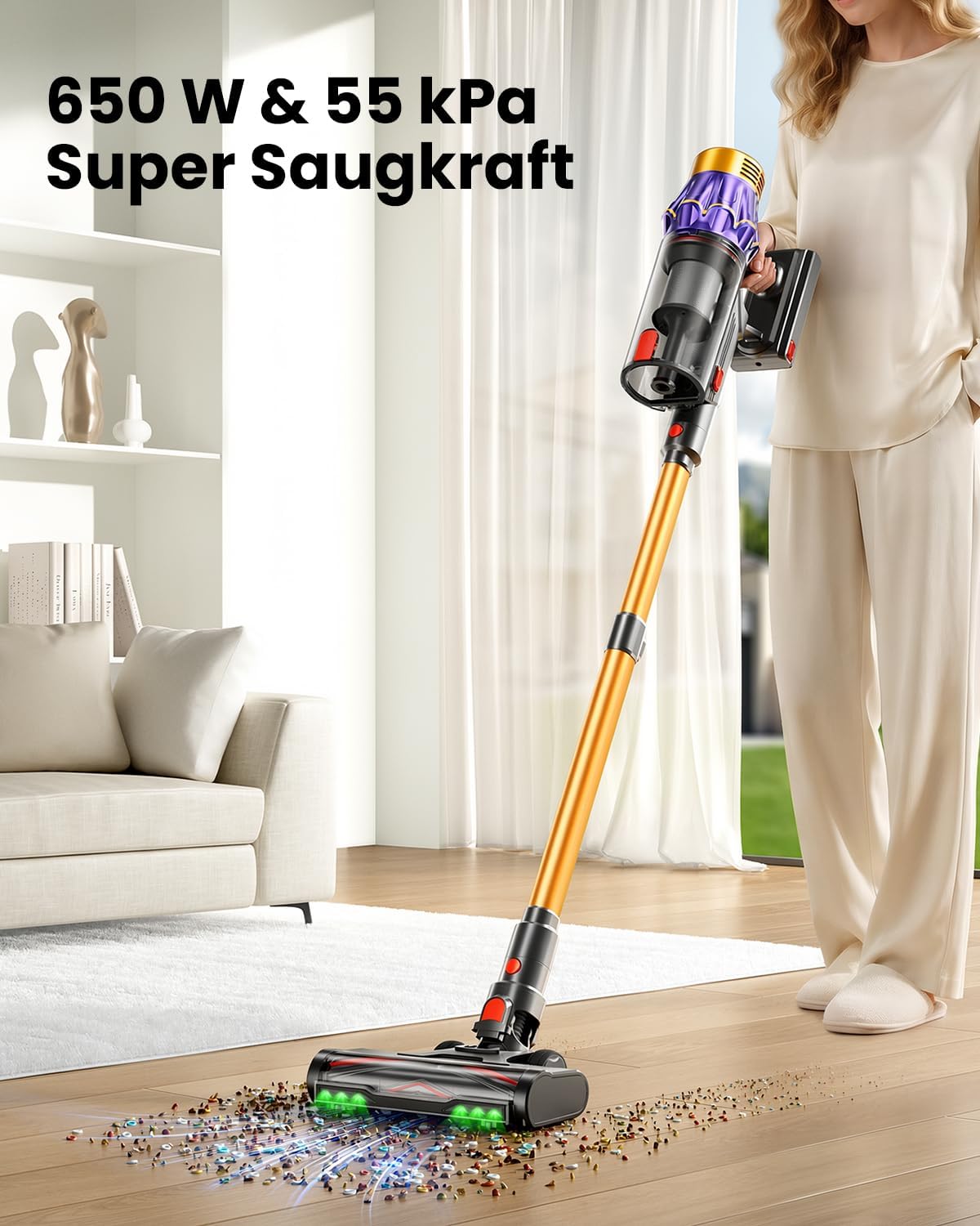 Akku Staubsauger, 55KPa/650W/70Min Staubsauger Kabellos mit Selbststehend, 1,8 L, Anti-Tangle-Bürste, 8-Schicht-Filtration, LED Display, akkustaubsauger für Tierhaare/Hartböden/Teppich (Goldfarben) 2 Akku Staubsauger, 55KPa/650W/70Min Staubsauger Kabellos mit Selbststehend, 1,8 L, Anti-Tangle-Bürste, 8-Schicht-Filtration, LED Display, akkustaubsauger für Tierhaare/Hartböden/Teppich (Goldfarben) – Bild 2