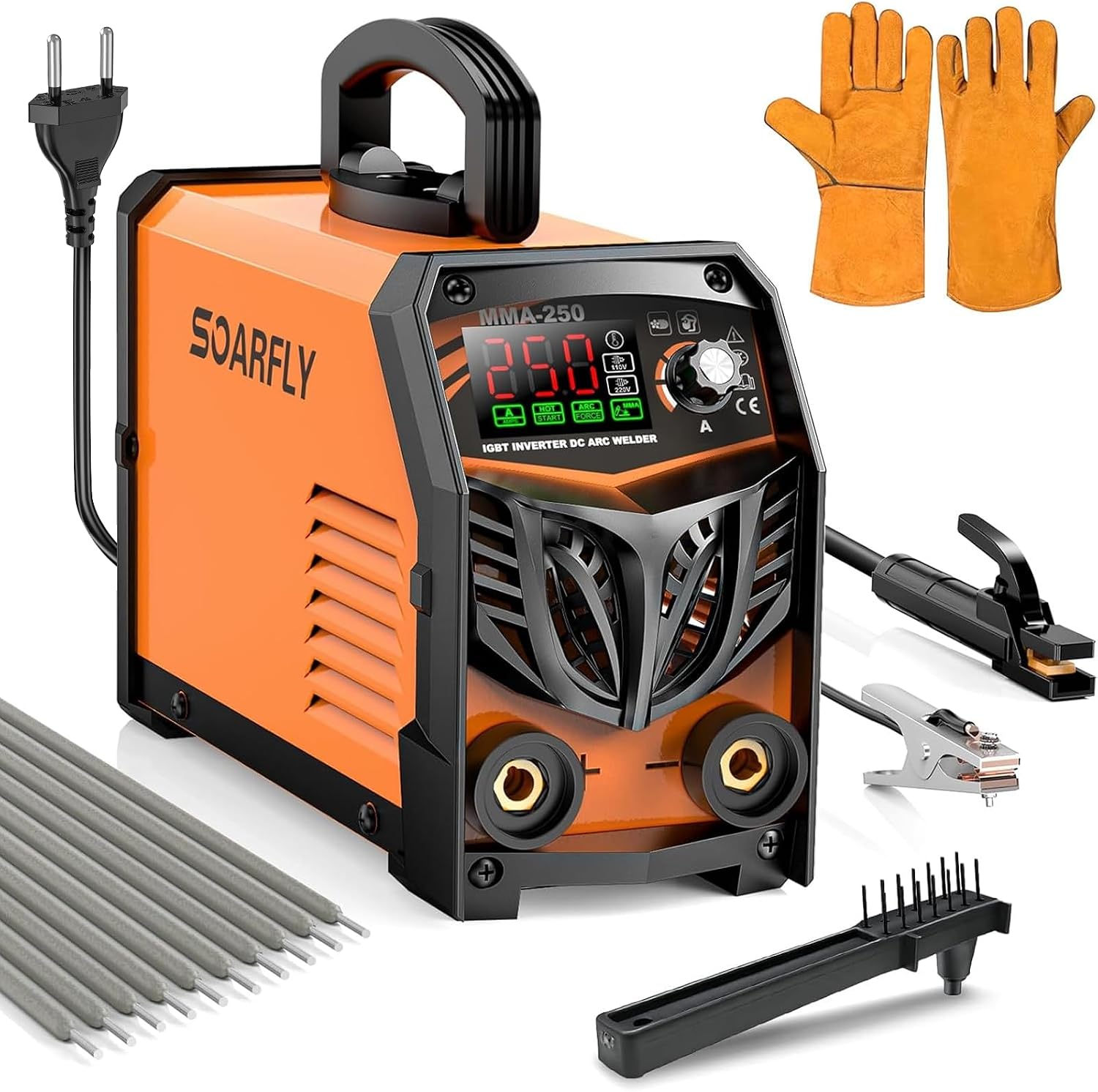 SOARFLY Elektroden Schweißgerät, 250 A, Dualspannung, MMA, Lift TIG | Für Heimwerker und Reparaturen, 110 V und 220 V mit automatischer Erkennung, Hot Start, Arc Force, großes LED Display, Orange 1 SOARFLY Elektroden Schweißgerät, 250 A, Dualspannung, MMA, Lift TIG | Für Heimwerker und Reparaturen, 110 V und 220 V mit automatischer Erkennung, Hot Start, Arc Force, großes LED Display, Orange