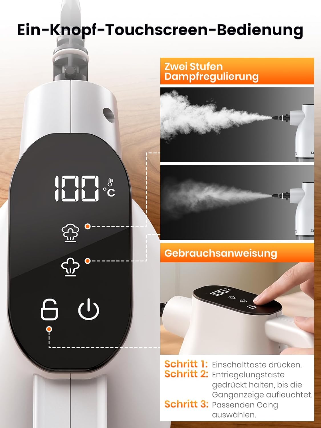 Dampfreiniger mit 10 Sekunden Aufheizzeit, Smart-Touchscreen, Weiß | 400-ml-Wassertank, 3,9 m langes Netzkabel, 2 Dampfstufen und 9-teiliges Zubehör – Handdampfreiniger für Küche, Bad und Fugen 3 Dampfreiniger mit 10 Sekunden Aufheizzeit, Smart-Touchscreen, Weiß | 400-ml-Wassertank, 3,9 m langes Netzkabel, 2 Dampfstufen und 9-teiliges Zubehör – Handdampfreiniger für Küche, Bad und Fugen – Bild 3