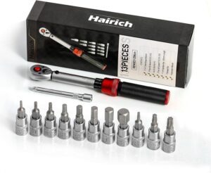 Hairich Drehmomentschlüssel Fahrrad 1/4 Zoll, 1-25Nm, 13-Teiliges Klein Torque Wrench Set, 72 Zähne Umschaltknarre, Ratschenkasten inkl. 10 cm Verlängerungsstange, Innensechskant und Torx Bits