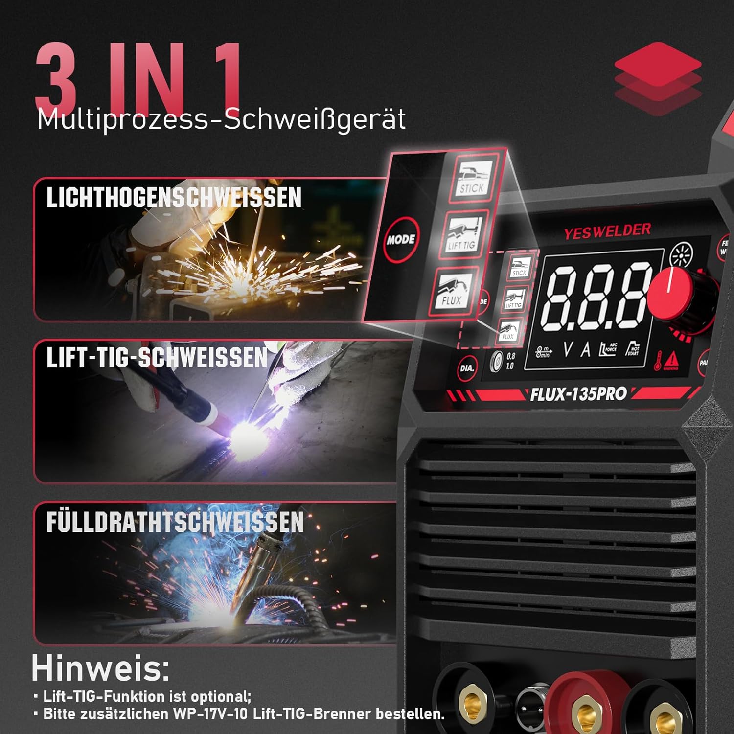 YESWELDER 135A MIG Fülldraht Schweißgerät ohne Gas mit 2 Spulen Fülldraht | 230V 3-in-1 Fülldrahtschweißgerät, Flux MIG/Lift WIG/MMA, LED Digitalanzeige 3 YESWELDER 135A MIG Fülldraht Schweißgerät ohne Gas mit 2 Spulen Fülldraht | 230V 3-in-1 Fülldrahtschweißgerät, Flux MIG/Lift WIG/MMA, LED Digitalanzeige – Bild 3