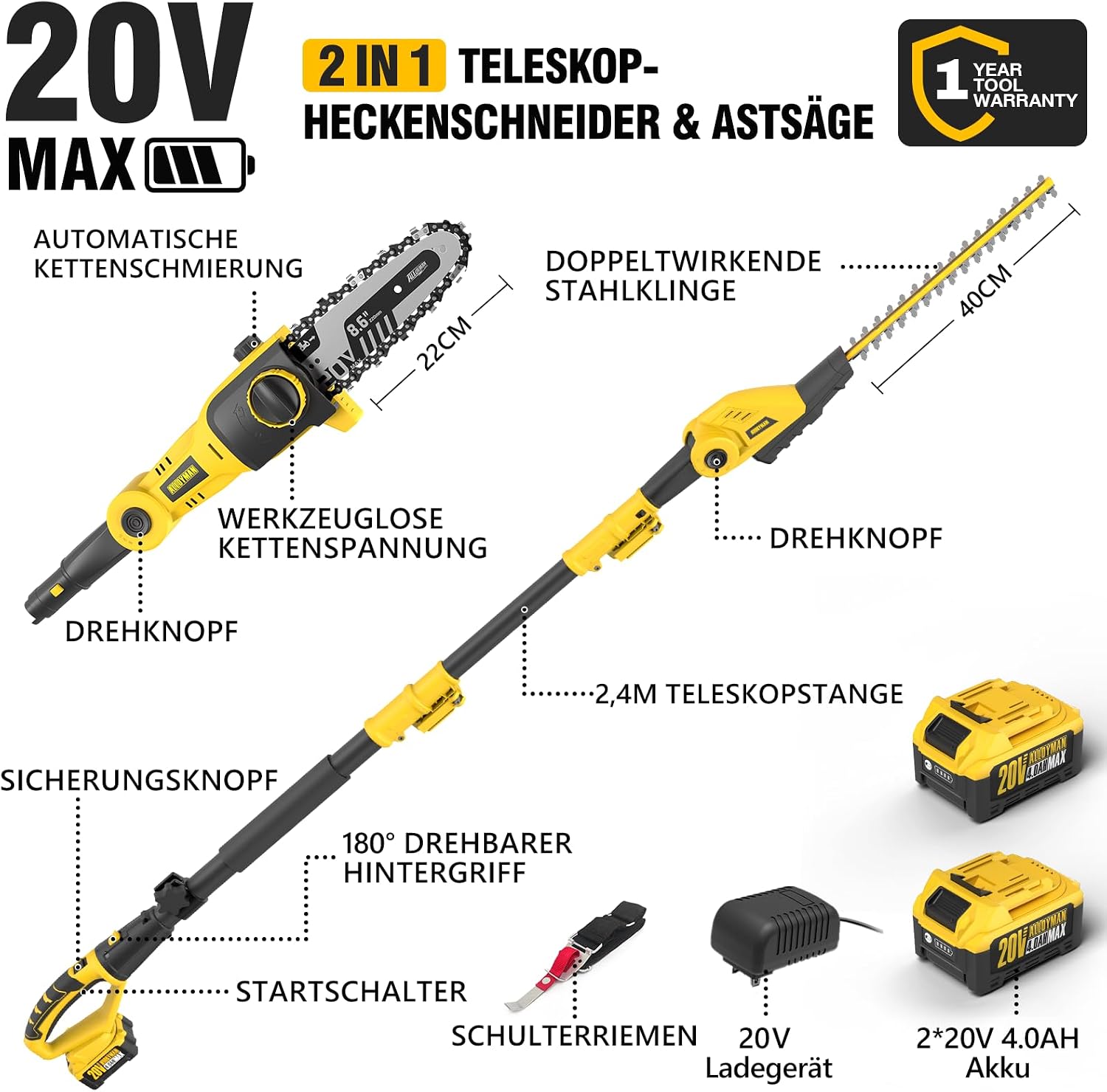 Alloyman 20V MAX 2-in-1 Teleskop Akku Heckenschere und Akku Hochentaster, mit 2 x 4,0 Ah Akkus und Ladegerät, 2,4 Meter Teleskopsäge und Heckenschneider für Strauch und Heckenschnitt 2 Alloyman 20V MAX 2-in-1 Teleskop Akku Heckenschere und Akku Hochentaster, mit 2 x 4,0 Ah Akkus und Ladegerät, 2,4 Meter Teleskopsäge und Heckenschneider für Strauch und Heckenschnitt – Bild 2