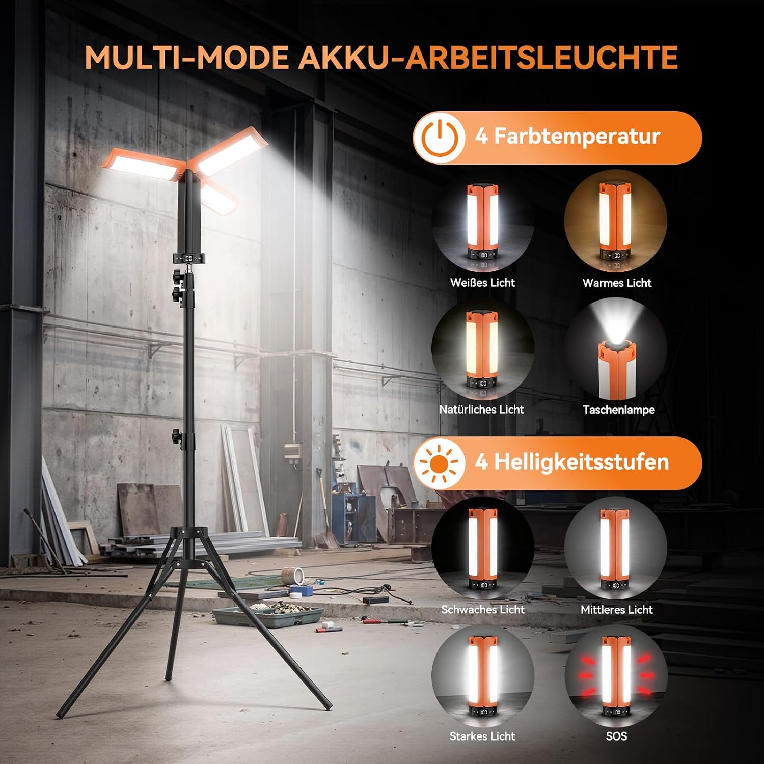 LED Campinglampe Aufladbar mit Teleskopstativ, 12000 mAh, 3 Lichtfarben Camping Lampe Akku, 6000LM dimmbare LED Arbeitsleuchte mit Magnet Haken und SOS, IP65 Werkstatt, Camping Garage Baustelle 2 LED Campinglampe Aufladbar mit Teleskopstativ, 12000 mAh, 3 Lichtfarben Camping Lampe Akku, 6000LM dimmbare LED Arbeitsleuchte mit Magnet Haken und SOS, IP65 Werkstatt, Camping Garage Baustelle – Bild 2