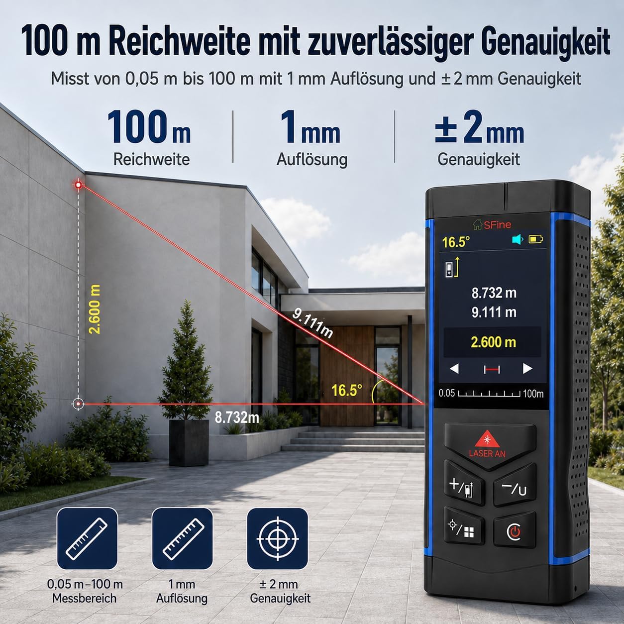 100m Laser Entfernungsmesser mit 6X Kamera Digitales Lasermessgerät Outdoor | 100m Lasermessgerät mit 6x Kamera, ±2mm, 1mm Auflösung, Winkel, Fläche, Volumen, Pythagoras, 30 Speicher, mit Tasche & 3 AAA 3 100m Laser Entfernungsmesser mit 6X Kamera Digitales Lasermessgerät Outdoor | 100m Lasermessgerät mit 6x Kamera, ±2mm, 1mm Auflösung, Winkel, Fläche, Volumen, Pythagoras, 30 Speicher, mit Tasche & 3 AAA – Bild 3