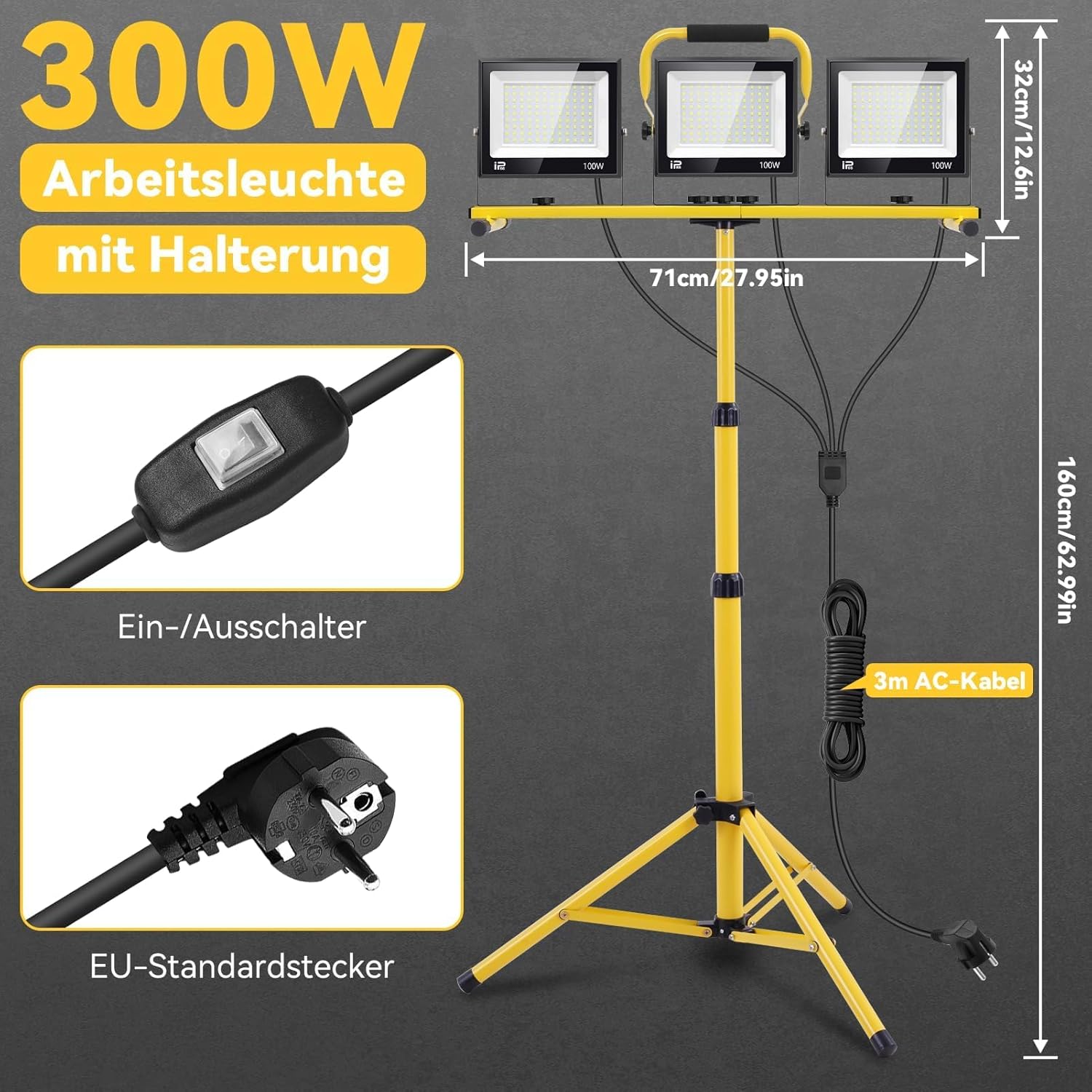 300W LED Baustrahler 6500K Einstellbare Richtung LED Baustrahler 230V Kaltweiss Scheinwerfer 30000lm Arbeitsscheinwerfer IP65 Wasserdicht Bauscheinwerfer für Baustellen mit Stecker 3m Kabel 2 300W LED Baustrahler 6500K Einstellbare Richtung LED Baustrahler 230V Kaltweiss Scheinwerfer 30000lm Arbeitsscheinwerfer IP65 Wasserdicht Bauscheinwerfer für Baustellen mit Stecker 3m Kabel – Bild 2