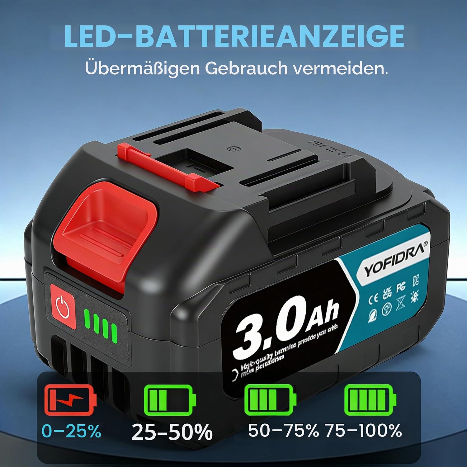 Yofidra 20 V 2 x 3,0 Ah Akkus mit LED-Anzeige und Schnellladegerät, kompatibel mit Elektrowerkzeugen, rot/schwarzes Gehäuse 4 Yofidra 20 V 2 x 3,0 Ah Akkus mit LED-Anzeige und Schnellladegerät, kompatibel mit Elektrowerkzeugen, rot/schwarzes Gehäuse – Bild 4