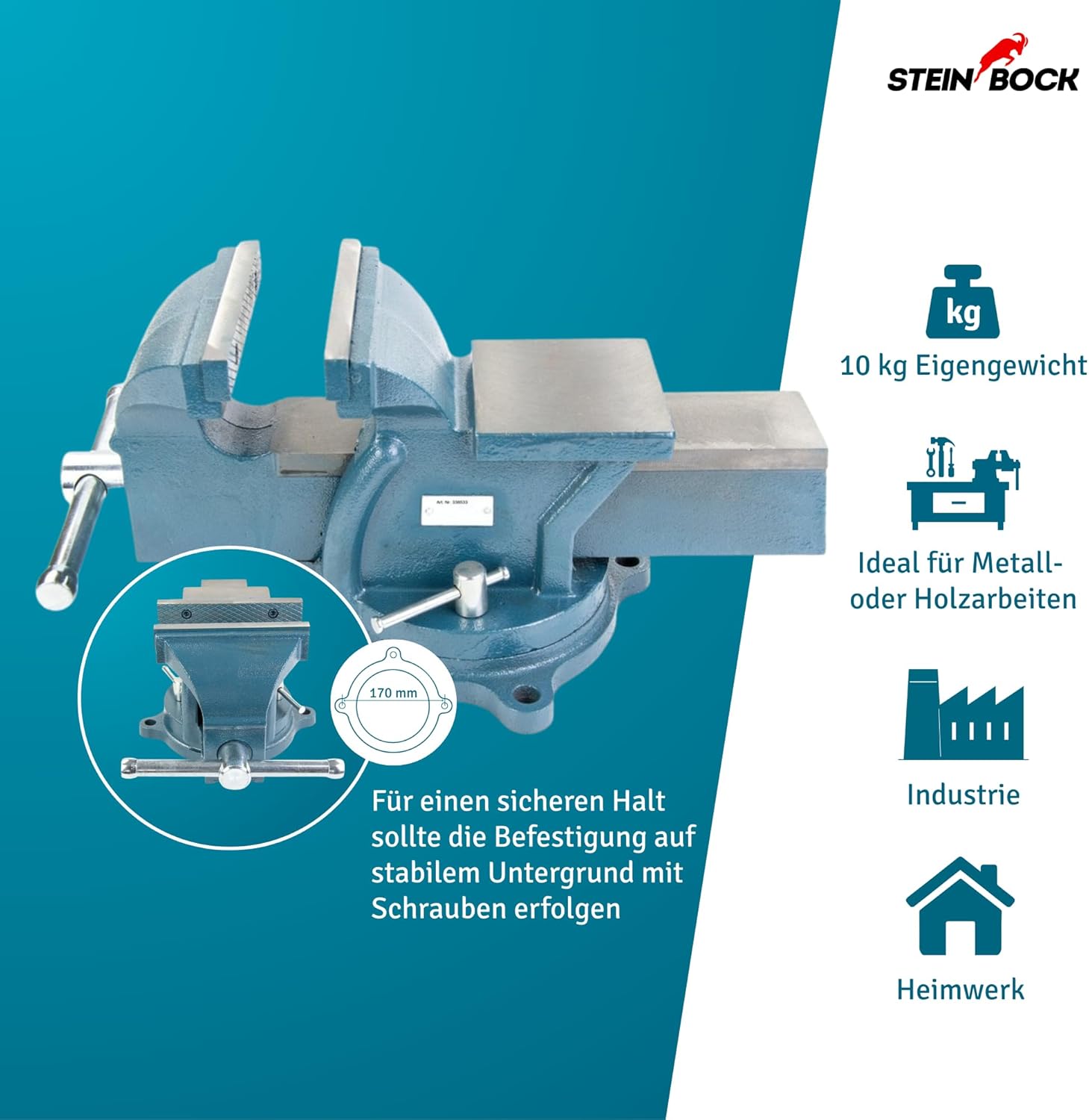 Steinbock Schraubstock drehbar | 125 mm Backenbreite | Tischschraubstock aus robustem Gusseisen | robuste Ambossfläche | rutschfeste Backen | flexible Werkstück-Fixierung 4 Steinbock Schraubstock drehbar | 125 mm Backenbreite | Tischschraubstock aus robustem Gusseisen | robuste Ambossfläche | rutschfeste Backen | flexible Werkstück-Fixierung – Bild 4