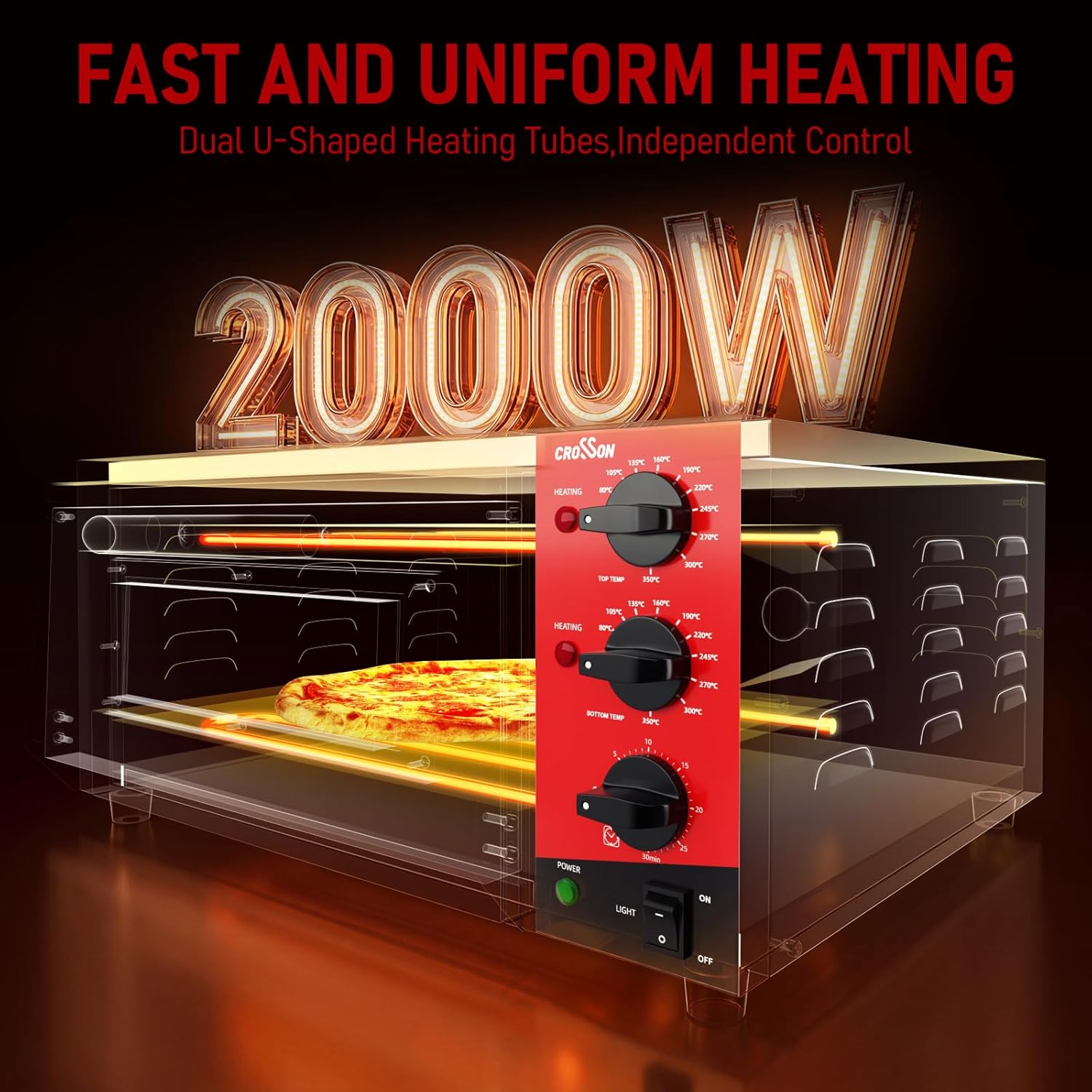 CROSSON elektrischer Profi-Pizzaofen mit 400x400 mm Backfläche aus Schamottstein für Pizza, Brot und Backwaren, unabhängige Ober- und Untertemperatur bis 350℃,30-Minuten-Timer, Innenbeleuchtung 5 CROSSON elektrischer Profi-Pizzaofen mit 400x400 mm Backfläche aus Schamottstein für Pizza, Brot und Backwaren, unabhängige Ober- und Untertemperatur bis 350℃,30-Minuten-Timer, Innenbeleuchtung – Bild 5