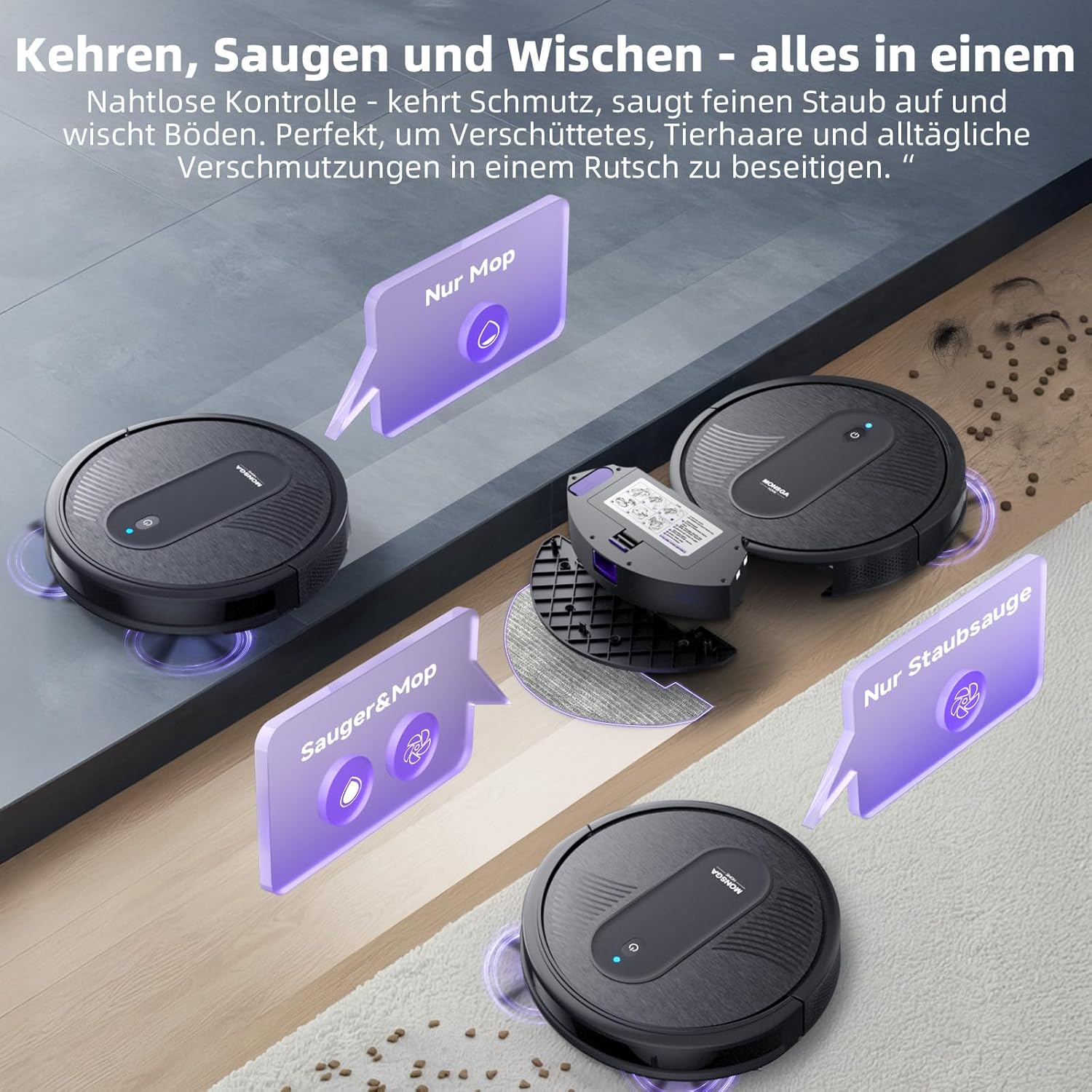 MONSGA Saugroboter mit Wischfunktion 3 in 1/4000PA/140Min Laufzeit | Saug und Wischroboter mit 2 Bürsten,Staubsauger Roboter mit Auto-Teppich-Boost für Tierhaare Teppich Böden, APP Steuerung 2 MONSGA Saugroboter mit Wischfunktion 3 in 1/4000PA/140Min Laufzeit | Saug und Wischroboter mit 2 Bürsten,Staubsauger Roboter mit Auto-Teppich-Boost für Tierhaare Teppich Böden, APP Steuerung – Bild 2