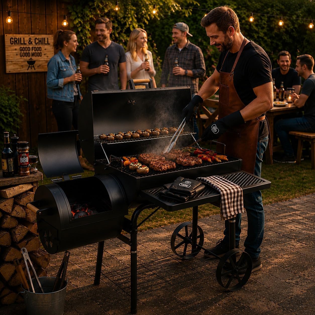 30 Kg Smoker Grill mit Abdeckhaube XL BBQ Smoker GRILLWAGEN Holzkohle Grillkamin Standgrill Räucherofen Zubehör Holzkohlegrill Schwarz Räuchergrill mit Thermometer & Rädern Deckelthermometer 5 30 Kg Smoker Grill mit Abdeckhaube XL BBQ Smoker GRILLWAGEN Holzkohle Grillkamin Standgrill Räucherofen Zubehör Holzkohlegrill Schwarz Räuchergrill mit Thermometer & Rädern Deckelthermometer – Bild 5