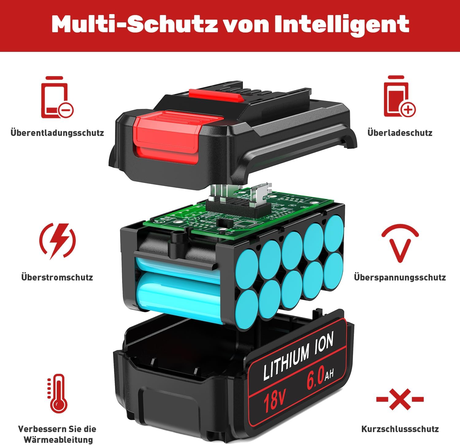 2Stück 18V 6,0Ah Ersatzakku für Einhell Akku, 6000mA mit LED-Anzeige Kompatibel mit Allen 18V X-Change Family Werkzeugakkus Geräte 3 2Stück 18V 6,0Ah Ersatzakku für Einhell Akku, 6000mA mit LED-Anzeige Kompatibel mit Allen 18V X-Change Family Werkzeugakkus Geräte – Bild 3