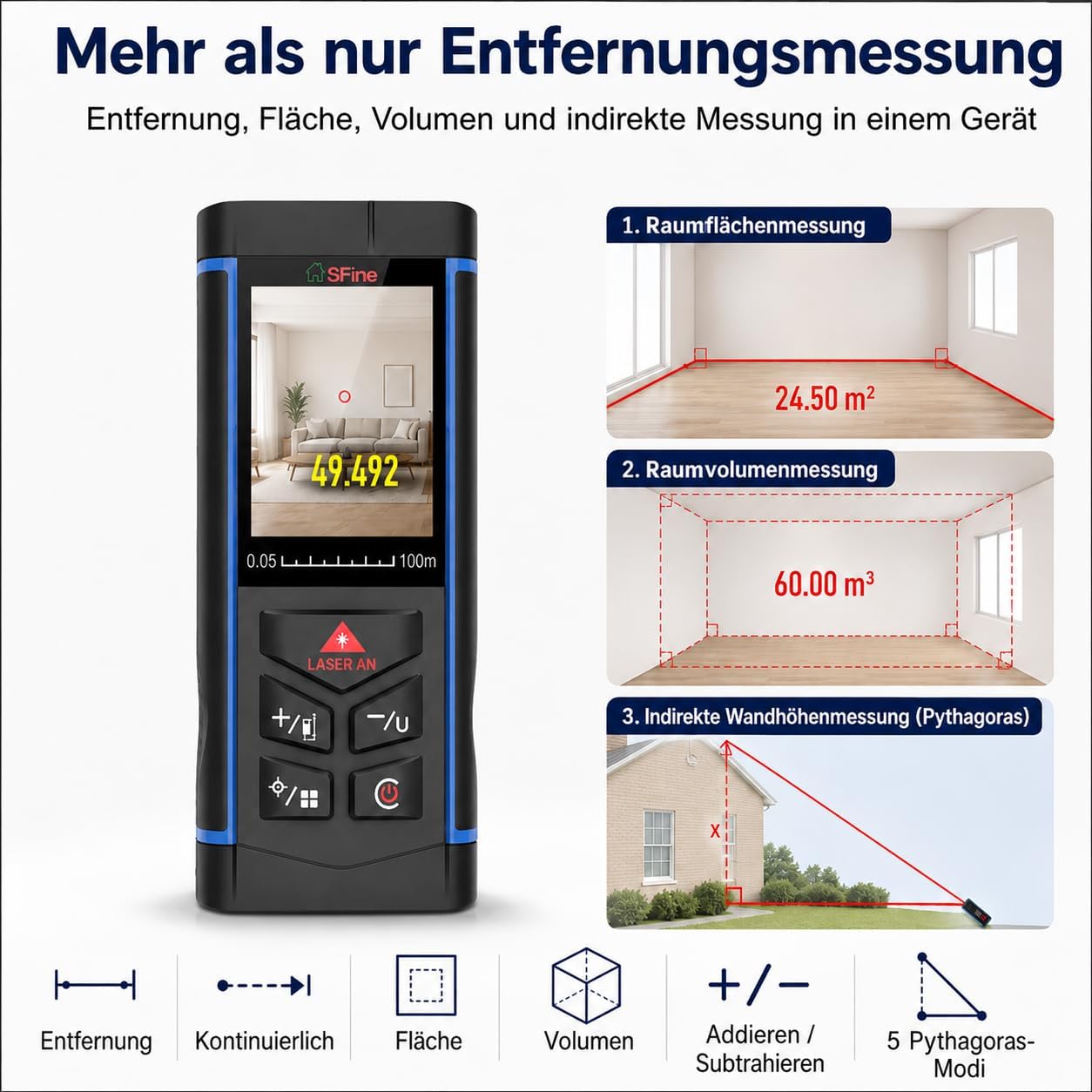 100m Laser Entfernungsmesser mit 6X Kamera Digitales Lasermessgerät Outdoor | 100m Lasermessgerät mit 6x Kamera, ±2mm, 1mm Auflösung, Winkel, Fläche, Volumen, Pythagoras, 30 Speicher, mit Tasche & 3 AAA 4 100m Laser Entfernungsmesser mit 6X Kamera Digitales Lasermessgerät Outdoor | 100m Lasermessgerät mit 6x Kamera, ±2mm, 1mm Auflösung, Winkel, Fläche, Volumen, Pythagoras, 30 Speicher, mit Tasche & 3 AAA – Bild 4