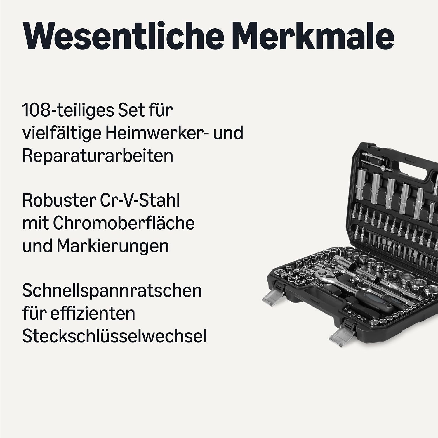 Amazon Basics Steckschlüsselsatz mit Ratschen, Verlängerungen und Bits, CRV-Stahl, Ratschenschlüssel-Set für Heimwerker und Autoreparaturen, 108 Teile, Inklusive Aufbewahrungskoffer 2 Amazon Basics Steckschlüsselsatz mit Ratschen, Verlängerungen und Bits, CRV-Stahl, Ratschenschlüssel-Set für Heimwerker und Autoreparaturen, 108 Teile, Inklusive Aufbewahrungskoffer – Bild 2