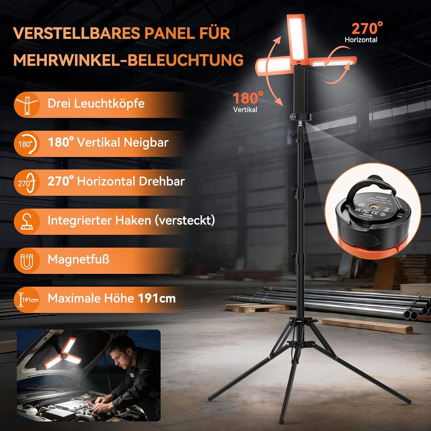 LED Campinglampe Aufladbar mit Teleskopstativ, 12000 mAh, 3 Lichtfarben Camping Lampe Akku, 6000LM dimmbare LED Arbeitsleuchte mit Magnet Haken und SOS, IP65 Werkstatt, Camping Garage Baustelle 3 LED Campinglampe Aufladbar mit Teleskopstativ, 12000 mAh, 3 Lichtfarben Camping Lampe Akku, 6000LM dimmbare LED Arbeitsleuchte mit Magnet Haken und SOS, IP65 Werkstatt, Camping Garage Baustelle – Bild 3
