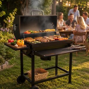 Profi Smoker Grill Holzkohle Grillwagen XL 103x110x59 cm, schwarzer BBQ Standgrill aus Stahl mit Deckel, Grillrost, Warmhalterost, Aschebehälter, Ablagen, Luftregulierung & Rädern für Garten Party