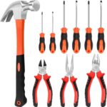 10-teiliges Werkzeugset 8-Zoll Zangen Set Schraubenzieher Set Kreuzschlitz- und chlitzschraubendrehern mit Klauenhammer für alltägliche Montage- und Reparaturarbeiten, Rot
