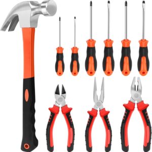 10-teiliges Werkzeugset 8-Zoll Zangen Set Schraubenzieher Set Kreuzschlitz- und chlitzschraubendrehern mit Klauenhammer für alltägliche Montage- und Reparaturarbeiten, Rot