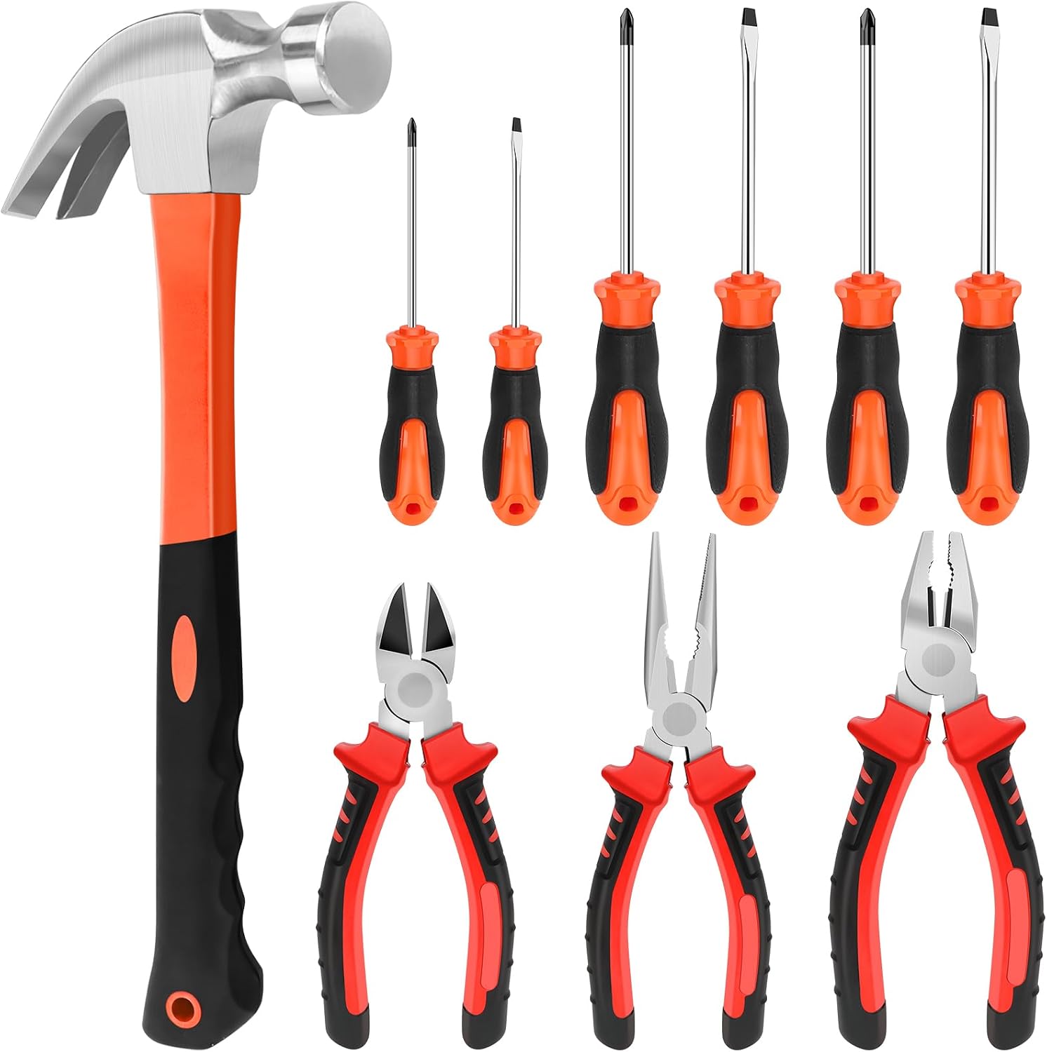 10-teiliges Werkzeugset 8-Zoll Zangen Set Schraubenzieher Set Kreuzschlitz- und chlitzschraubendrehern mit Klauenhammer für alltägliche Montage- und Reparaturarbeiten, Rot 1 10-teiliges Werkzeugset 8-Zoll Zangen Set Schraubenzieher Set Kreuzschlitz- und chlitzschraubendrehern mit Klauenhammer für alltägliche Montage- und Reparaturarbeiten, Rot