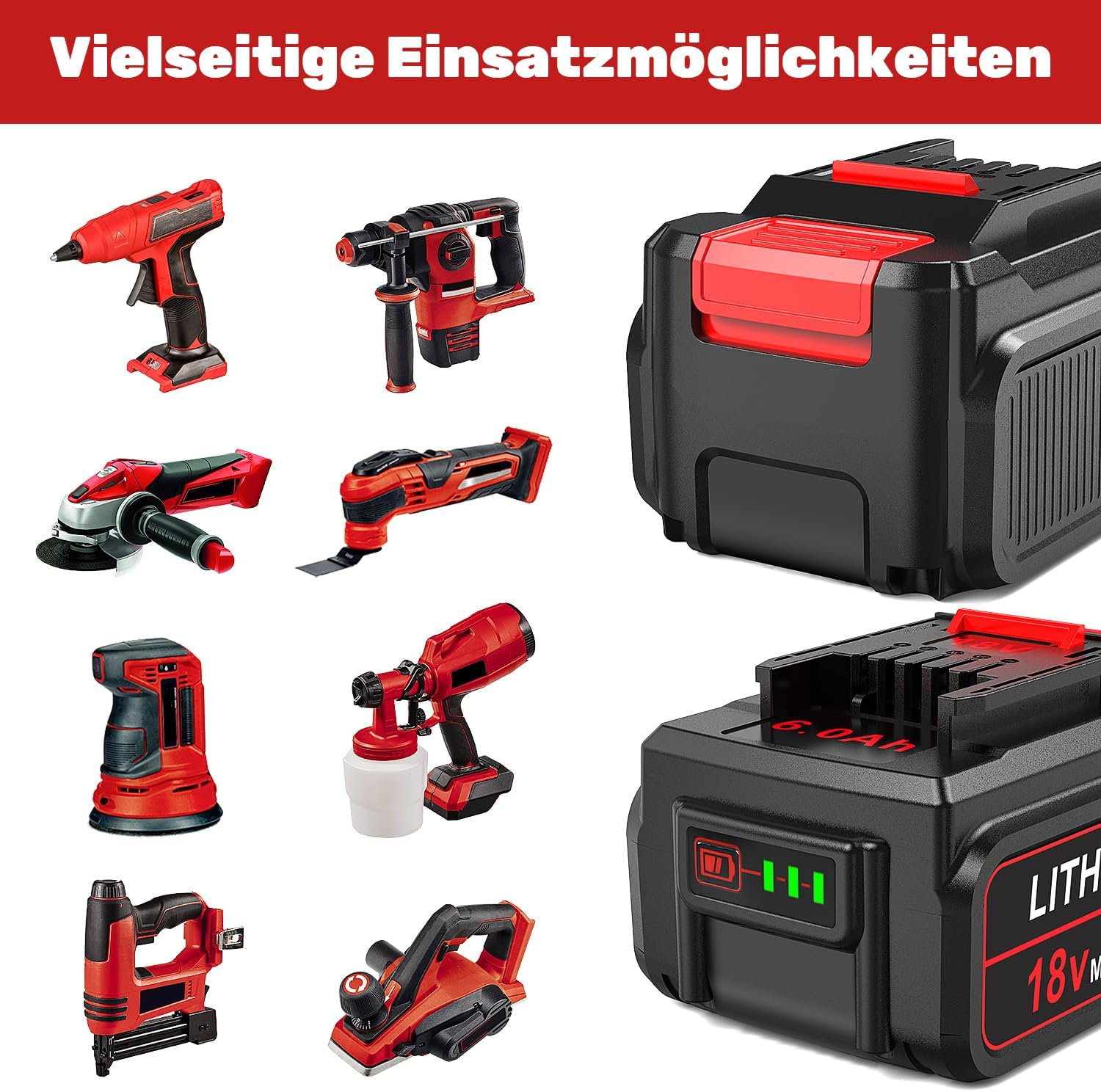 2Stück 18V 6,0Ah Ersatzakku für Einhell Akku, 6000mA mit LED-Anzeige Kompatibel mit Allen 18V X-Change Family Werkzeugakkus Geräte 2 2Stück 18V 6,0Ah Ersatzakku für Einhell Akku, 6000mA mit LED-Anzeige Kompatibel mit Allen 18V X-Change Family Werkzeugakkus Geräte – Bild 2