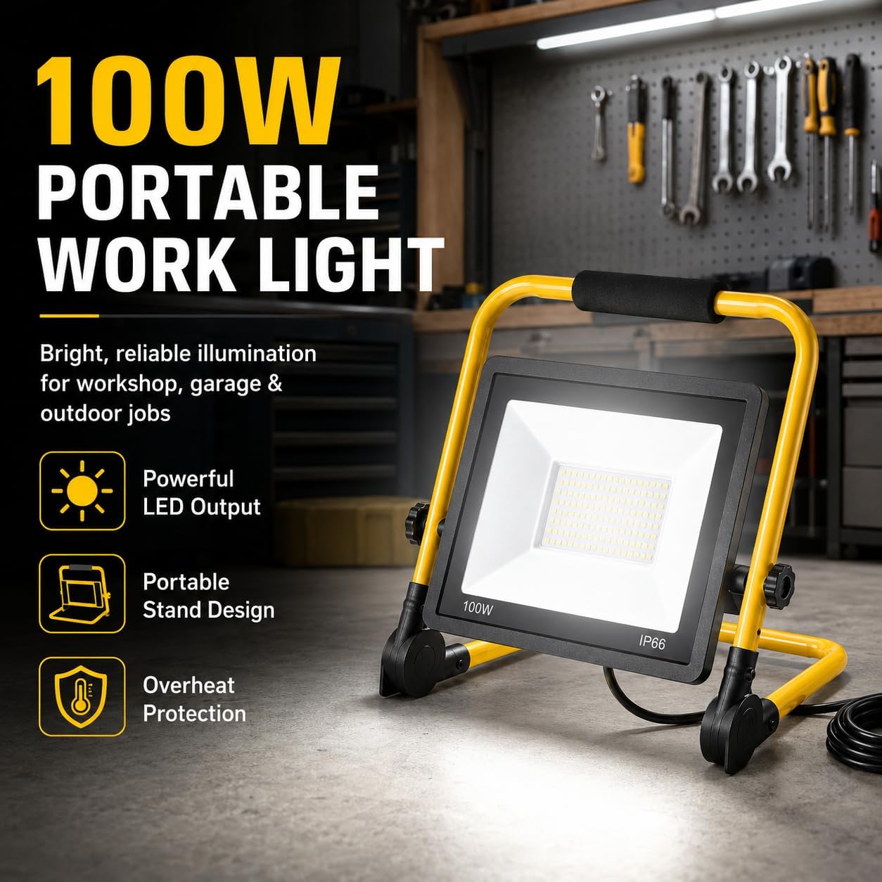 100W LED Baustrahler, Spotlight Mobil IP66 Wetterfest 4M Kabel mit Stecker | Arbeitsleuchte mit 360° drehbarem Flutlicht, verstellbarer Sockel, ideal für Garage und Baustelle 2 100W LED Baustrahler, Spotlight Mobil IP66 Wetterfest 4M Kabel mit Stecker | Arbeitsleuchte mit 360° drehbarem Flutlicht, verstellbarer Sockel, ideal für Garage und Baustelle – Bild 2