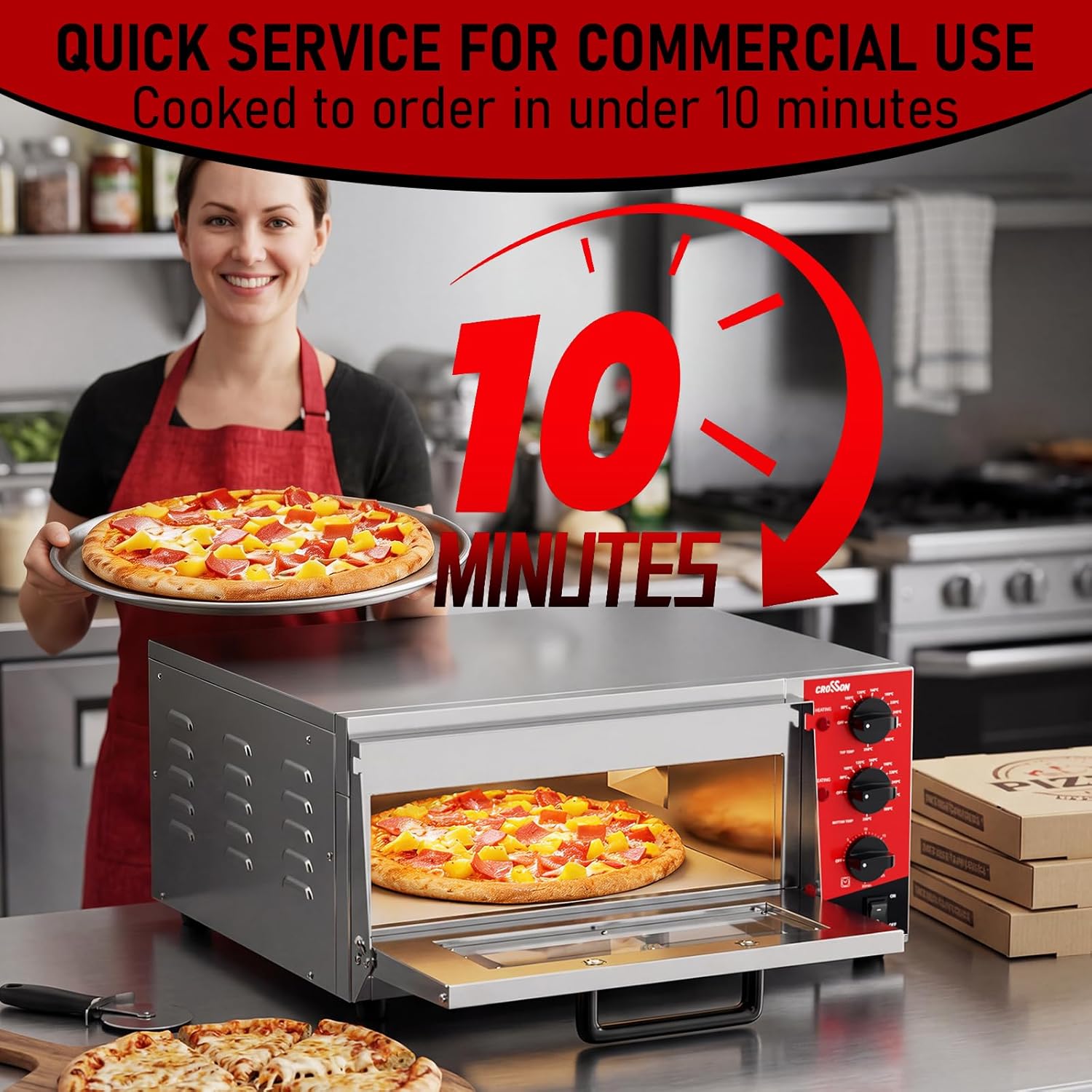 CROSSON elektrischer Profi-Pizzaofen mit 400x400 mm Backfläche aus Schamottstein für Pizza, Brot und Backwaren, unabhängige Ober- und Untertemperatur bis 350℃,30-Minuten-Timer, Innenbeleuchtung 3 CROSSON elektrischer Profi-Pizzaofen mit 400x400 mm Backfläche aus Schamottstein für Pizza, Brot und Backwaren, unabhängige Ober- und Untertemperatur bis 350℃,30-Minuten-Timer, Innenbeleuchtung – Bild 3