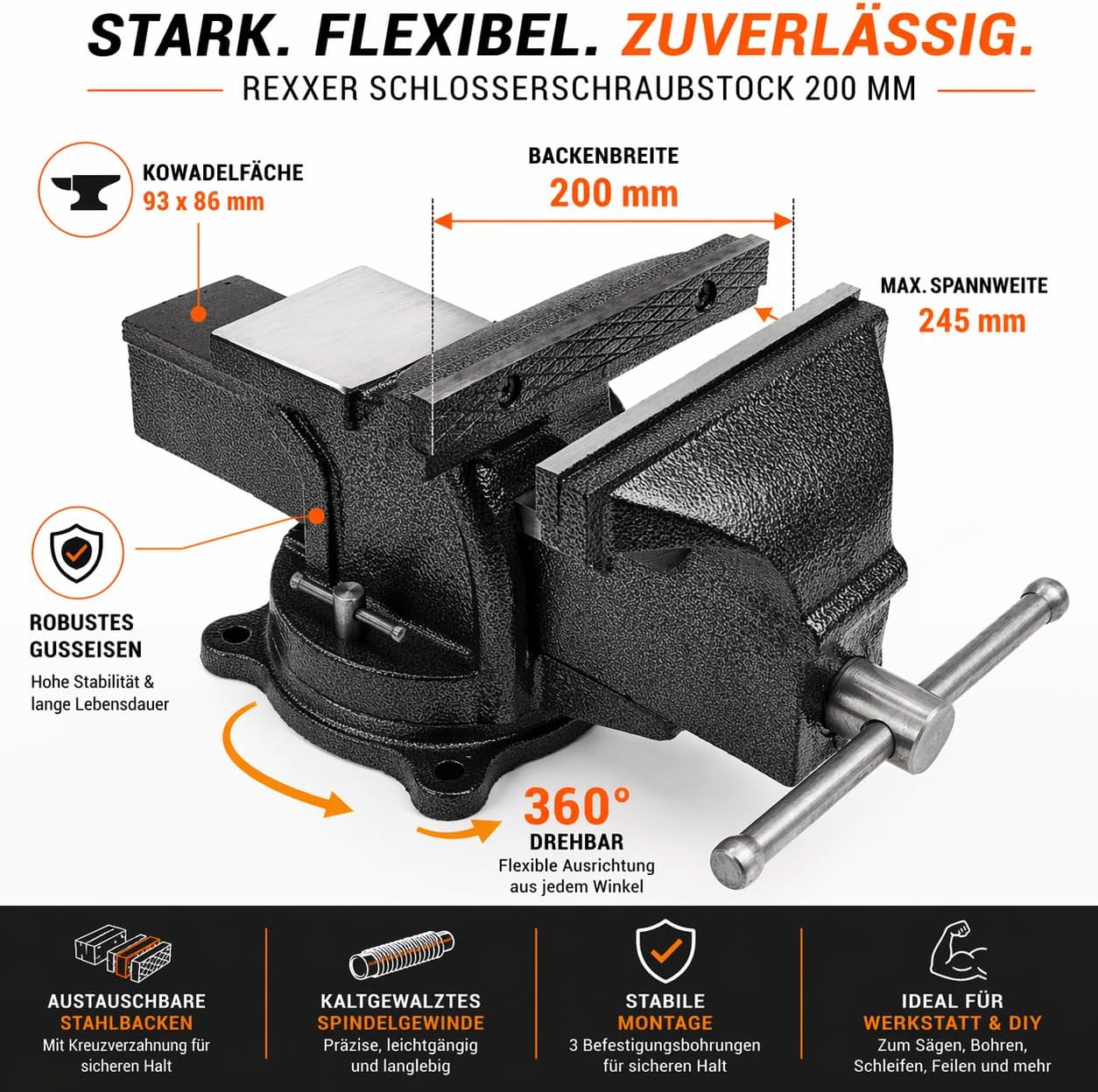 REXXER Schlosser-Schraubstock 200 mm drehbar aus Gusseisen | 200 mm Backenbreite, 360° drehbar, Mit Amboss, Austauschbare Spannbacken, Aus Gusseisen 2 REXXER Schlosser-Schraubstock 200 mm drehbar aus Gusseisen | 200 mm Backenbreite, 360° drehbar, Mit Amboss, Austauschbare Spannbacken, Aus Gusseisen – Bild 2
