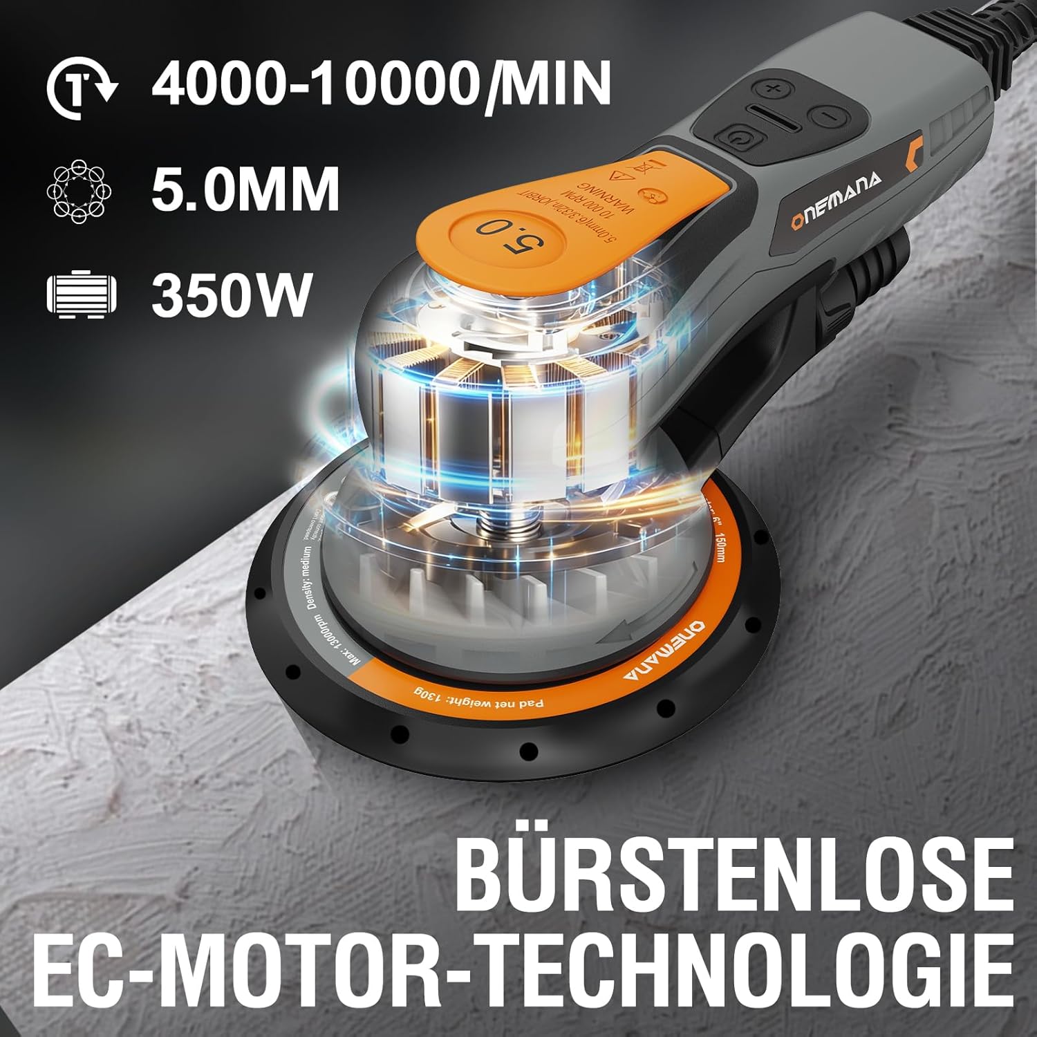 Exzenterschleifer 150 mm, Bürstenloser Exzenterschleifer mit 5,0 mm Exzenterhub, 350W Schleifmaschine mit 6 Drehzahlstufen 4000-10000 U/min, mit inkl. 12 Schleifblätter,Orbital Sander 2 Exzenterschleifer 150 mm, Bürstenloser Exzenterschleifer mit 5,0 mm Exzenterhub, 350W Schleifmaschine mit 6 Drehzahlstufen 4000-10000 U/min, mit inkl. 12 Schleifblätter,Orbital Sander – Bild 2