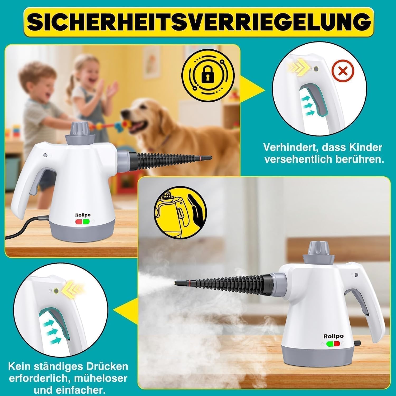 Rolipo Dampfreiniger Handgerät mit 12-Teiligem Zubehör, 1050W Steam Cleaner für Haushalt, Küche, Bad, Fenster, Polster & Auto–100% Chemiefrei, Hochdruck-Dampf gegen Schmutz Fett & Bakterien 5 Rolipo Dampfreiniger Handgerät mit 12-Teiligem Zubehör, 1050W Steam Cleaner für Haushalt, Küche, Bad, Fenster, Polster & Auto–100% Chemiefrei, Hochdruck-Dampf gegen Schmutz Fett & Bakterien – Bild 5