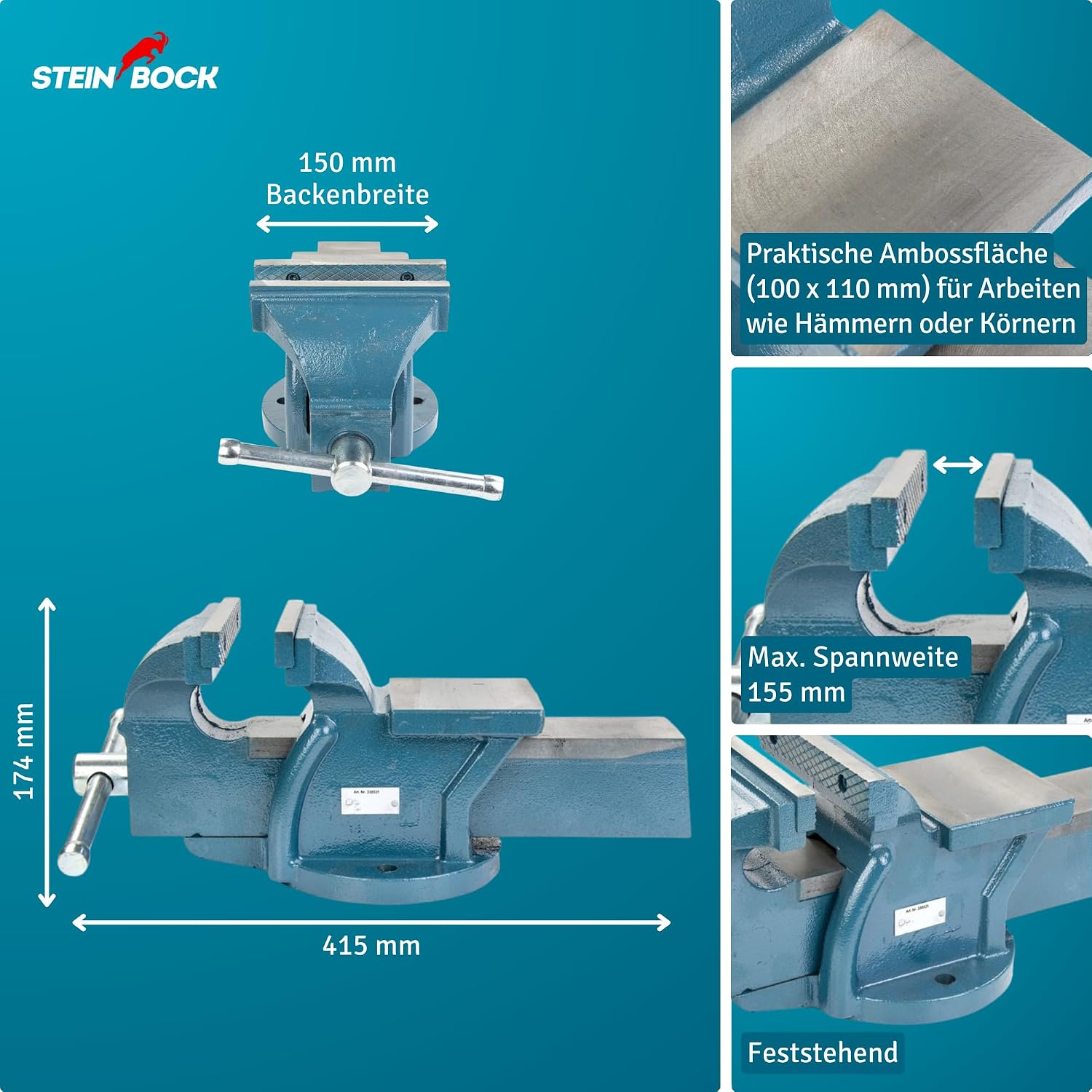 Steinbock Schraubstock feststehend |150 mm Backenbreite | Tischschraubstock aus robustem Gusseisen | robuste Ambossfläche | rutschfeste Backen | präzise Werkstück-Fixierung 3 Steinbock Schraubstock feststehend |150 mm Backenbreite | Tischschraubstock aus robustem Gusseisen | robuste Ambossfläche | rutschfeste Backen | präzise Werkstück-Fixierung – Bild 3