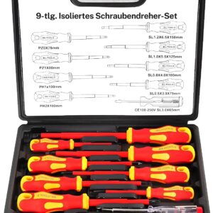BILITOOLS Schraubendreher Set Elektriker 9tlg VDE 1000V | Isoliertes elektriker schraubendreher set 1000V mit Spannungsprüfer magnetisch Schlitz Phillips Pozidriv, Elektriker Werkzeug