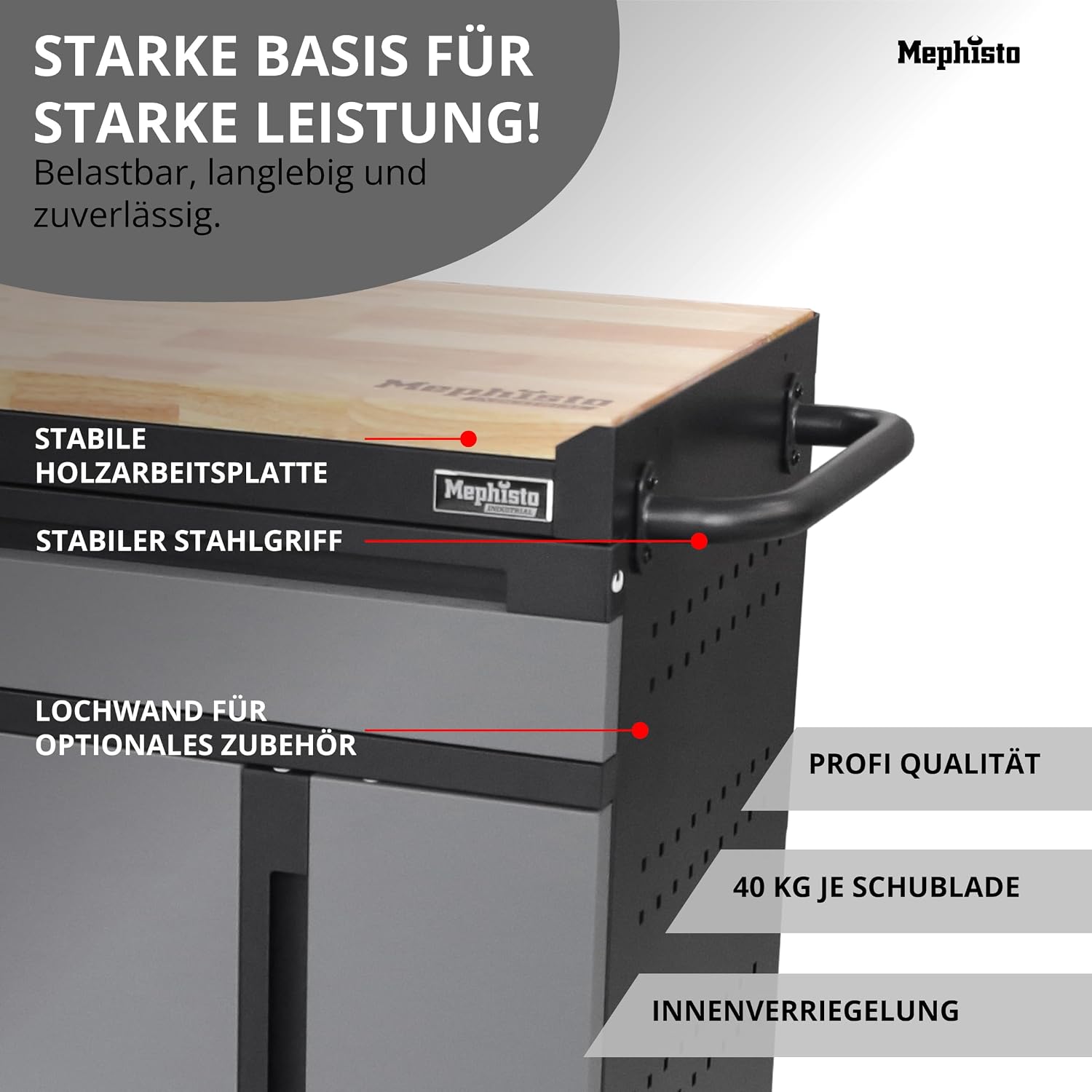 Mephisto Werkzeugwagen Twin Advanced Industrial Line mit Holzplatte | Werkstattwagen mit 6 Schubladen und 272-teiligem Werkzeugsatz 5 Mephisto Werkzeugwagen Twin Advanced Industrial Line mit Holzplatte | Werkstattwagen mit 6 Schubladen und 272-teiligem Werkzeugsatz – Bild 5